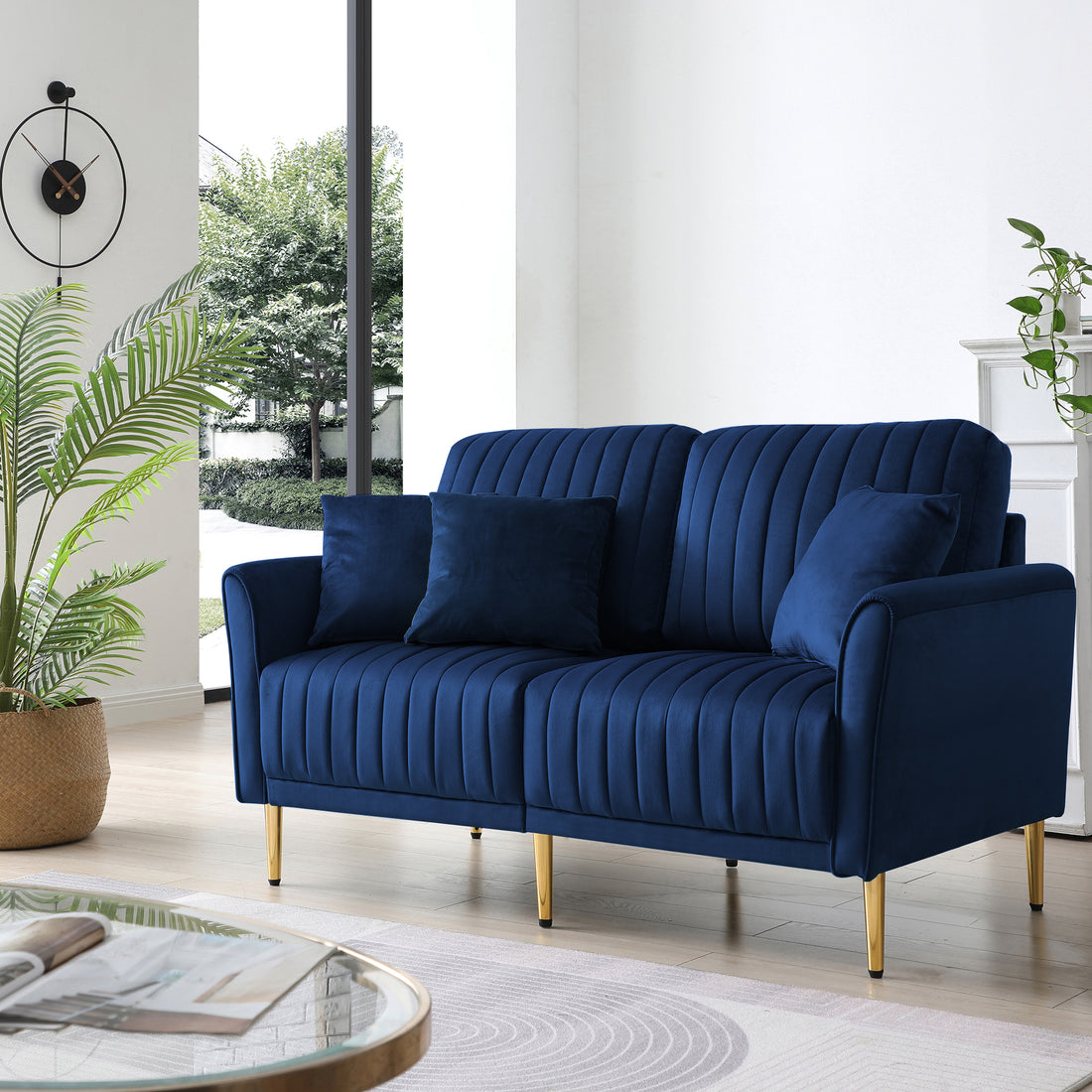2 Seat Navy Blue Velvet Round Arm Sofa With Reversible Cushions Blue Foam Velvet