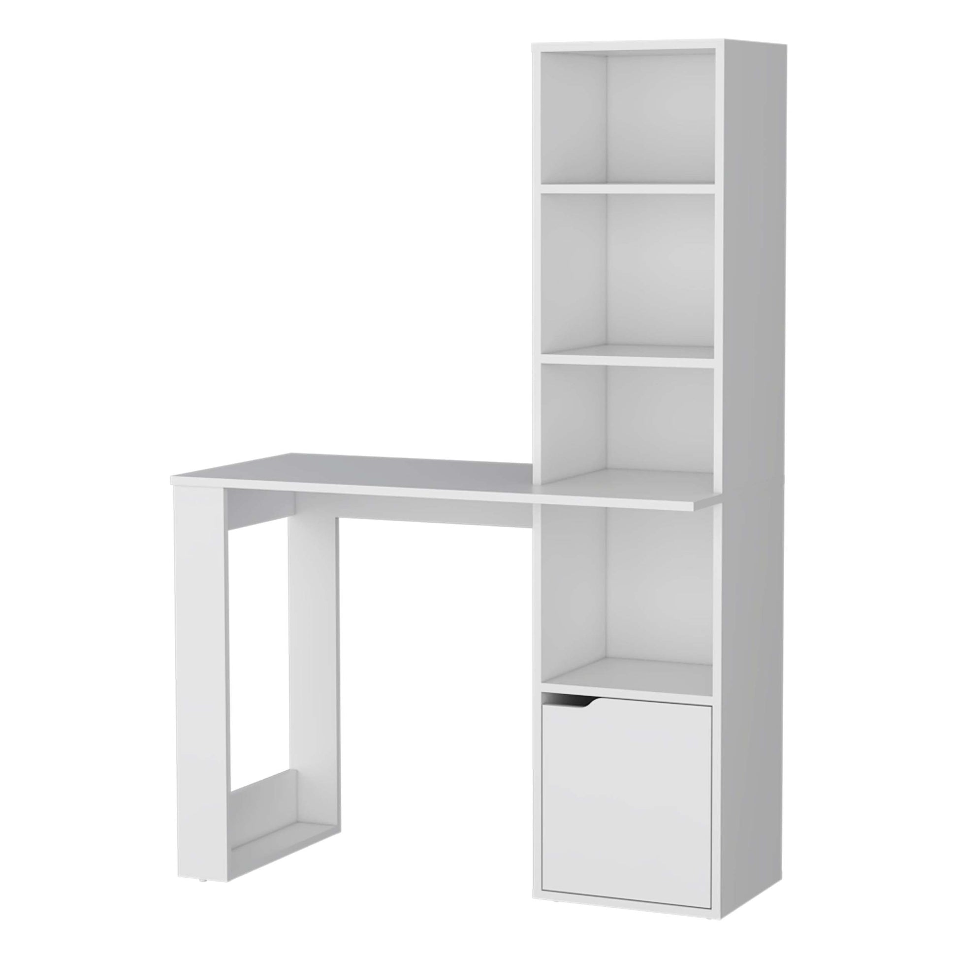 White Computer Desk With 4 Tier Bookcase And 1 Door Cabinet White Engineered Wood