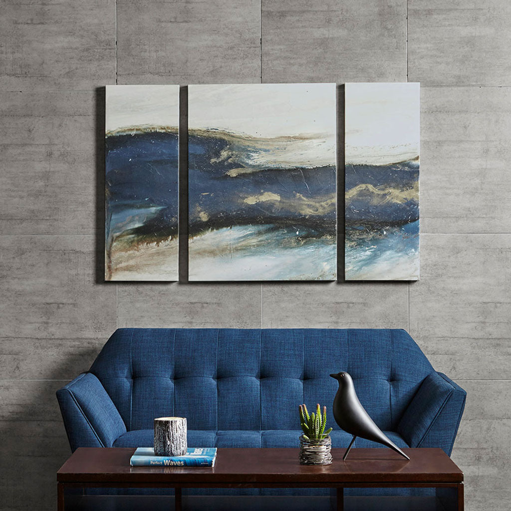 Triptych 3 Piece Canvas Wall Art Set Blue Wood