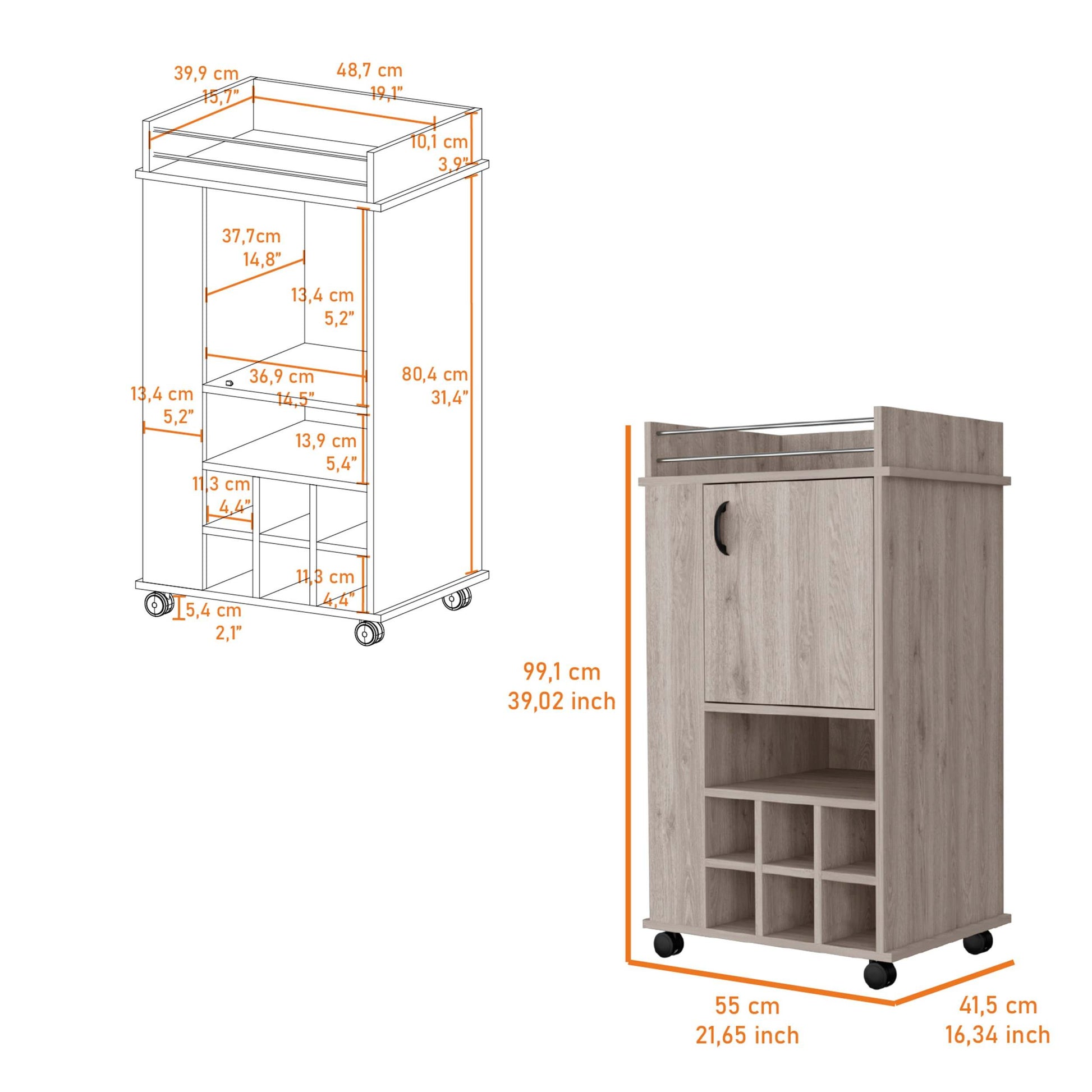 Allandale 1 Door Bar Cart With Wine Rack And Casters Light Gray Gray Engineered Wood