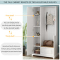 Stylish Design Hall Tree With Flip Up Bench, Minimalist Hallway Shoe Cabinet With Adjustable Shelves, Multifunctional Furniture With Hanging Hooks For Entryways, Mudroom, White High Back White