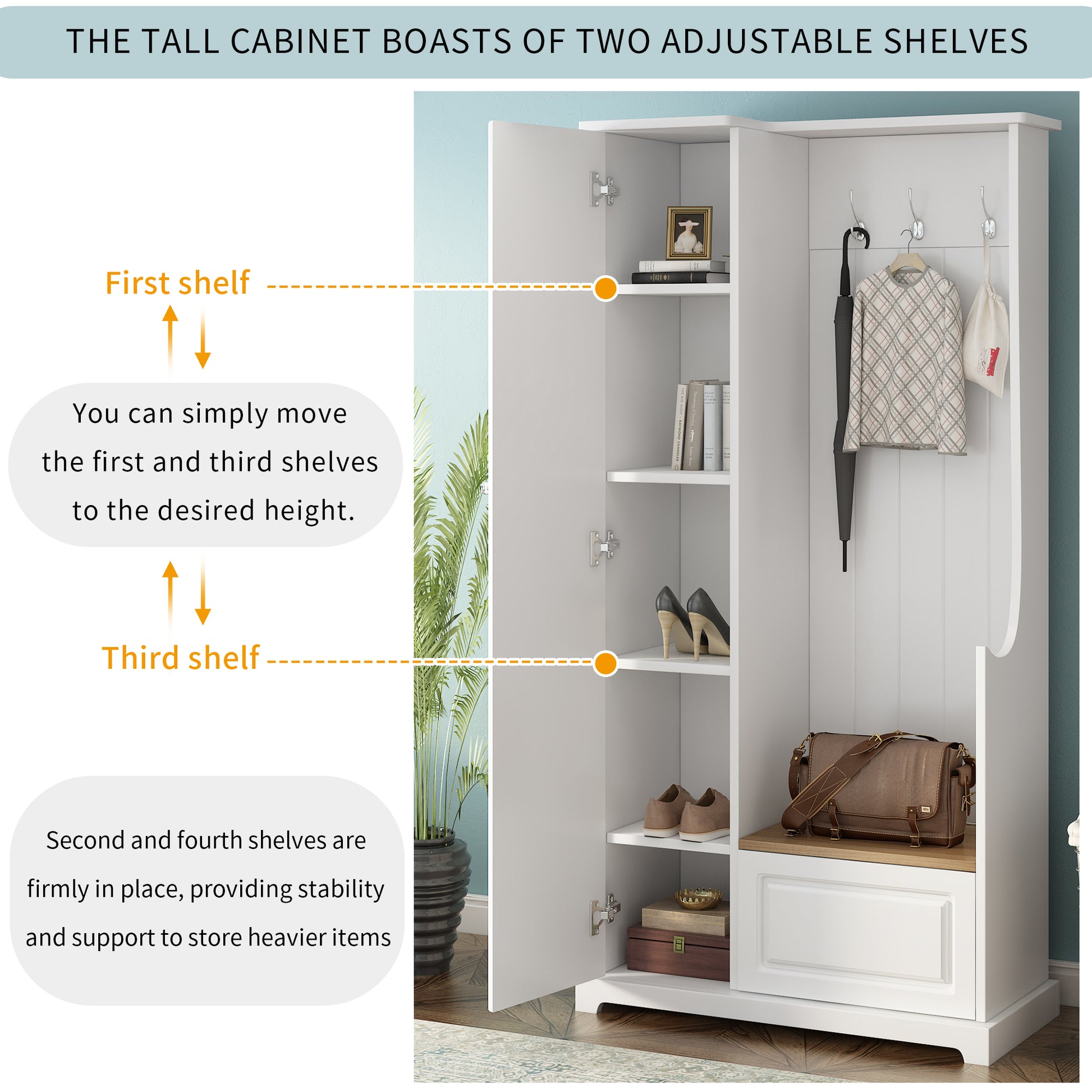 Stylish Design Hall Tree With Flip Up Bench, Minimalist Hallway Shoe Cabinet With Adjustable Shelves, Multifunctional Furniture With Hanging Hooks For Entryways, Mudroom, White High Back White
