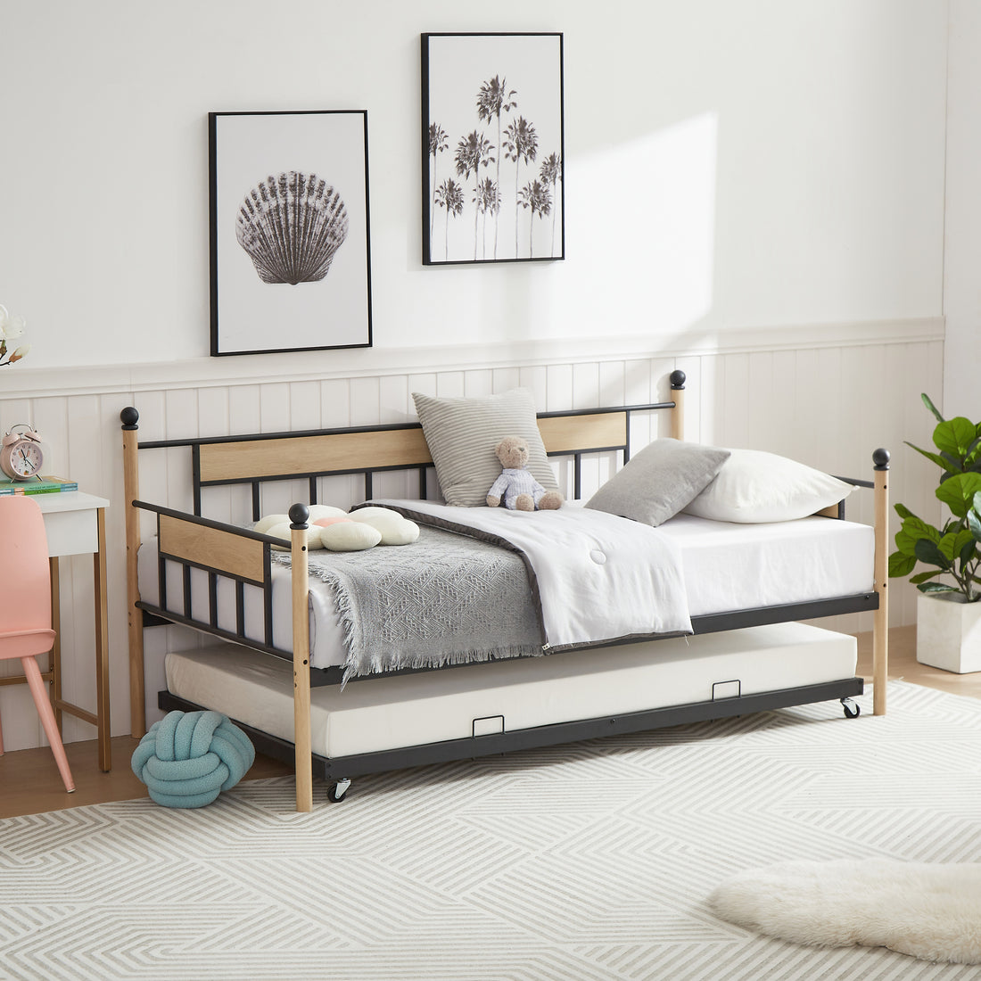 Daybed, Sofa Bed Metal Framed With Trundle Twin Size, Black, 77''L X 40.6'' W X 14.5'' H Twin Black Steel
