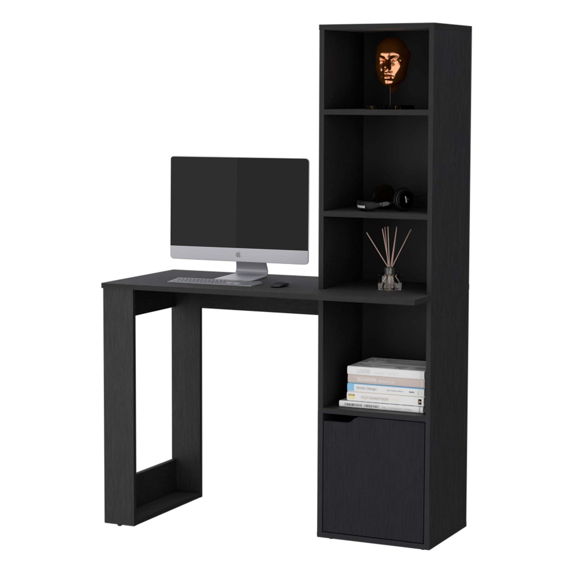 Peterson Computer Desk With 4 Tier Bookcase And 1 Door Cabinet Black Black Engineered Wood