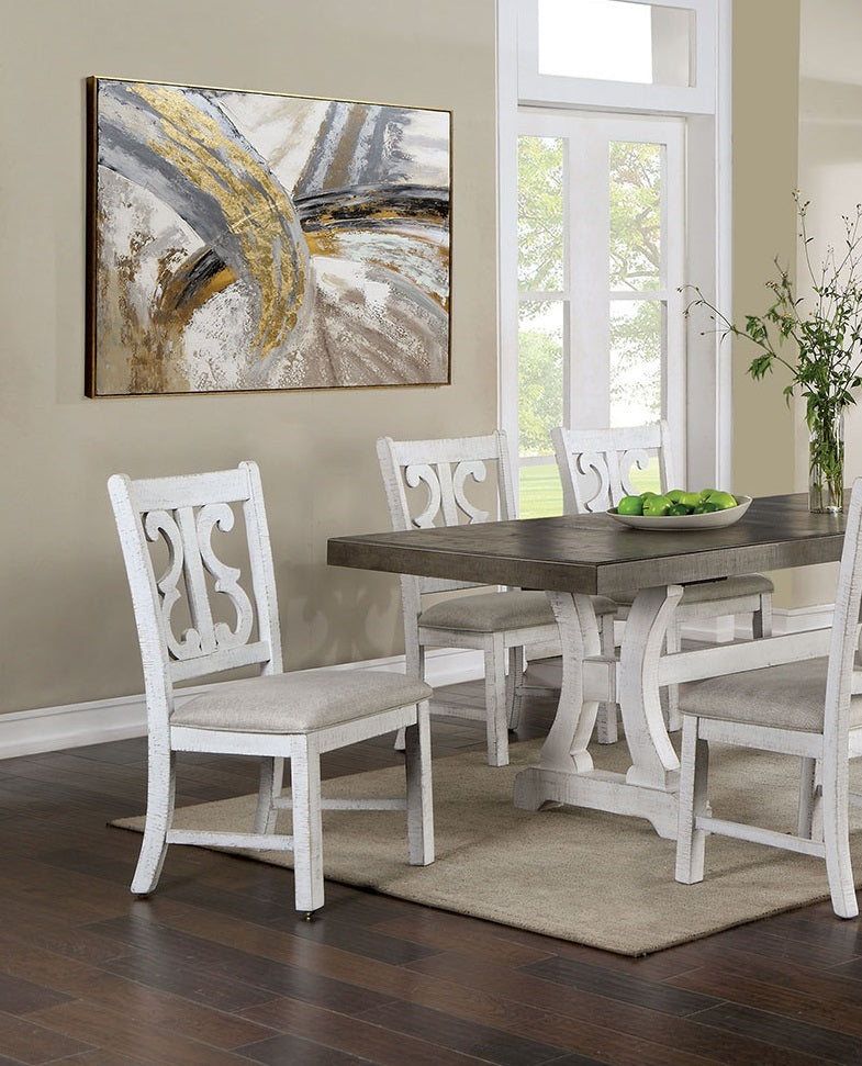 Lavish Design Distressed White 2Pcs Dining Chairs Only, Gray Padded Fabric Seat Dining Room Kitchen Furniture Solid Wood Decorative Back White Gray Dining Room Modern,Rustic Dining Chairs Solid Wood