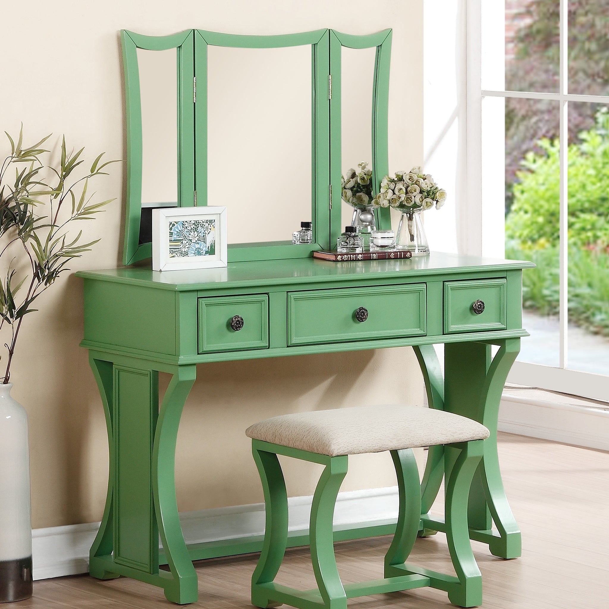 Unique Modern Bedroom Vanity Set W Stool Foldable Mirror Drawers Apple Green Color Mdf Veneer 1Pc Vanity Furniture Antique Green Bedroom Modern Folding Pine Particle Board