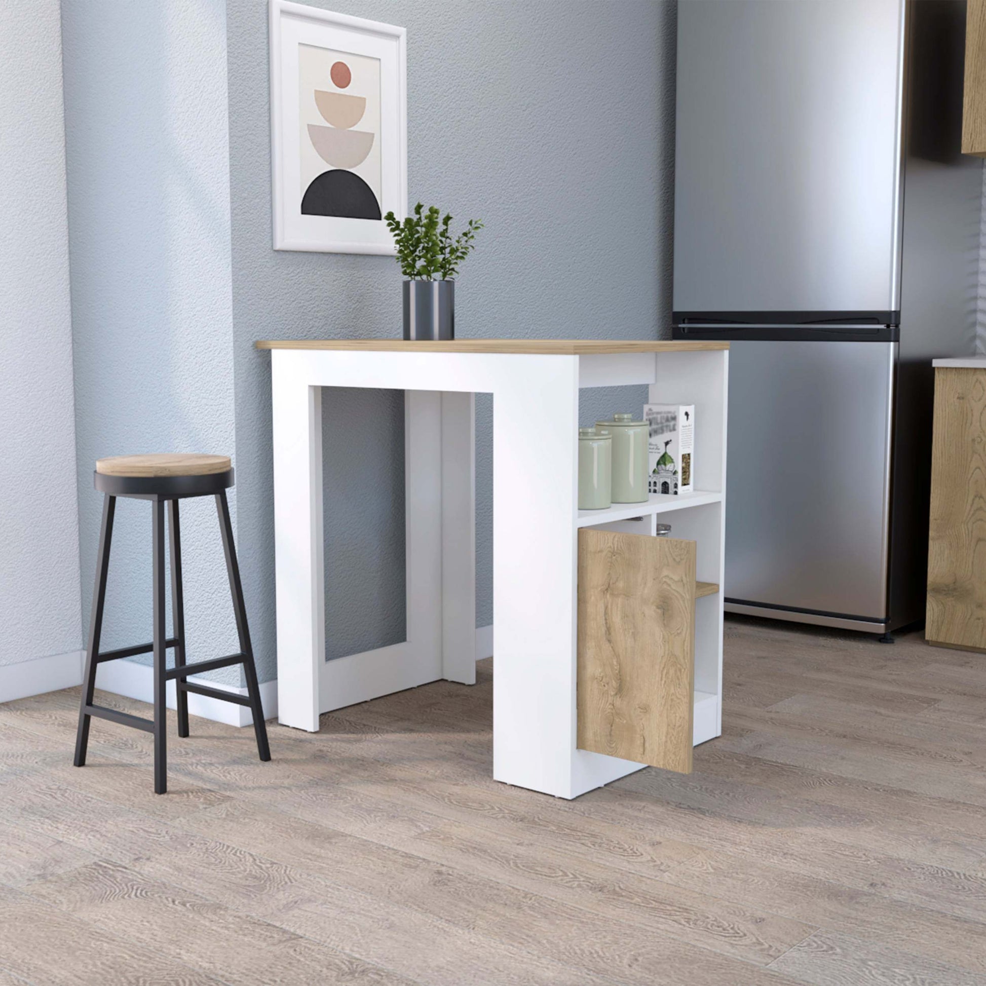 Aurora Kitchen Island With Open Compartment And Cabinet In White And Macadamia White Engineered Wood