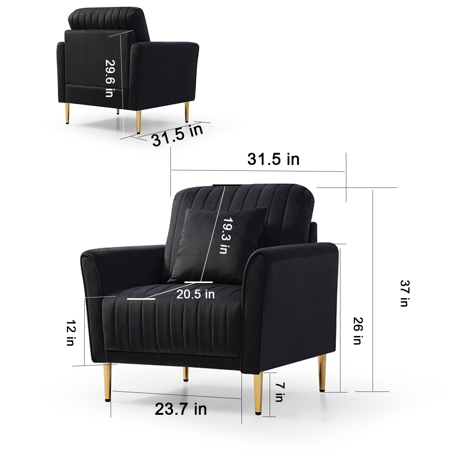 Modern Black Velvet Accent Chair Upholstered Living Room Arm Chairs Comfy Single Sofa Chair Black Foam Velvet