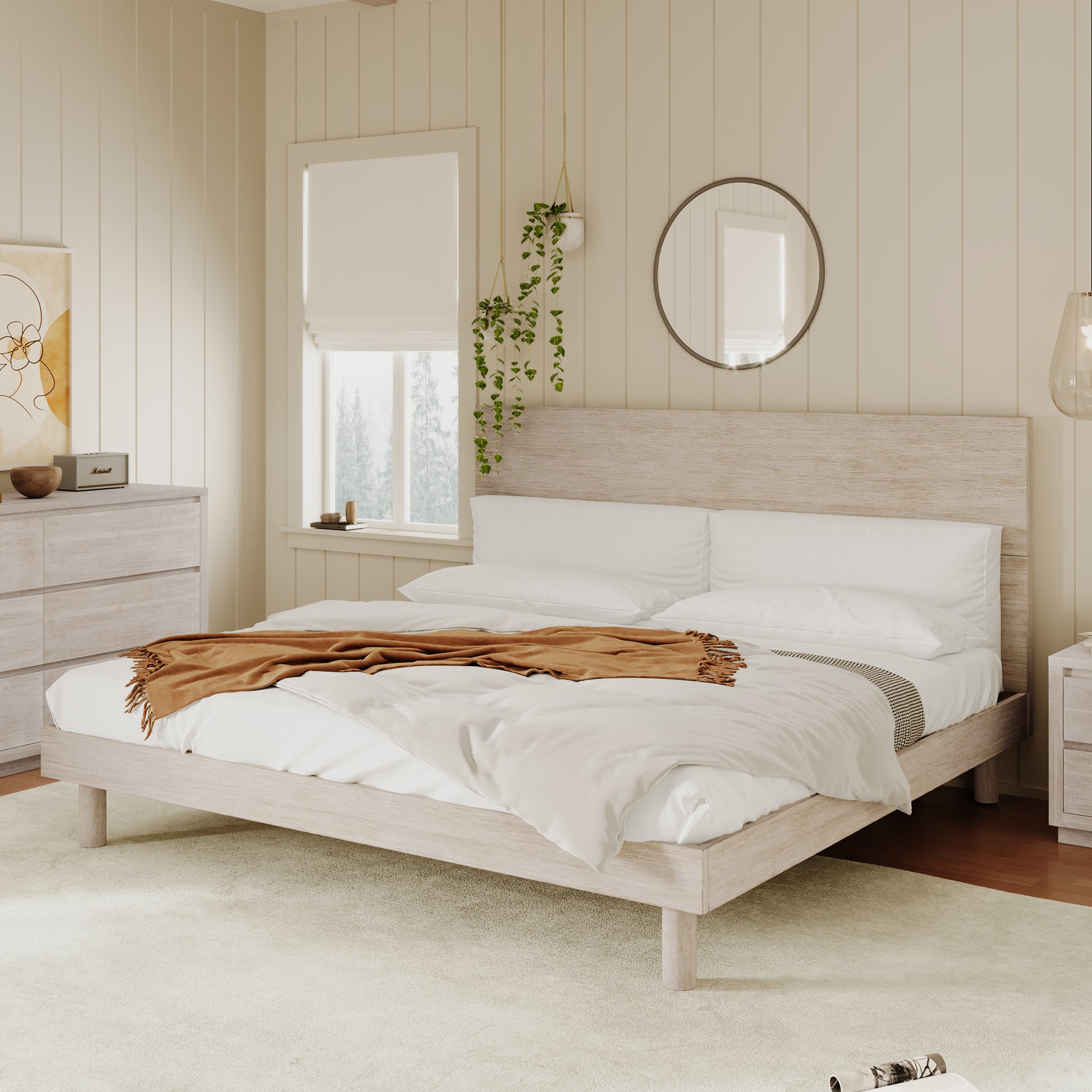Modern Concise Style Solid Wood Grain Platform Bed Frame, King, Stone Gray Stone Gray Wood