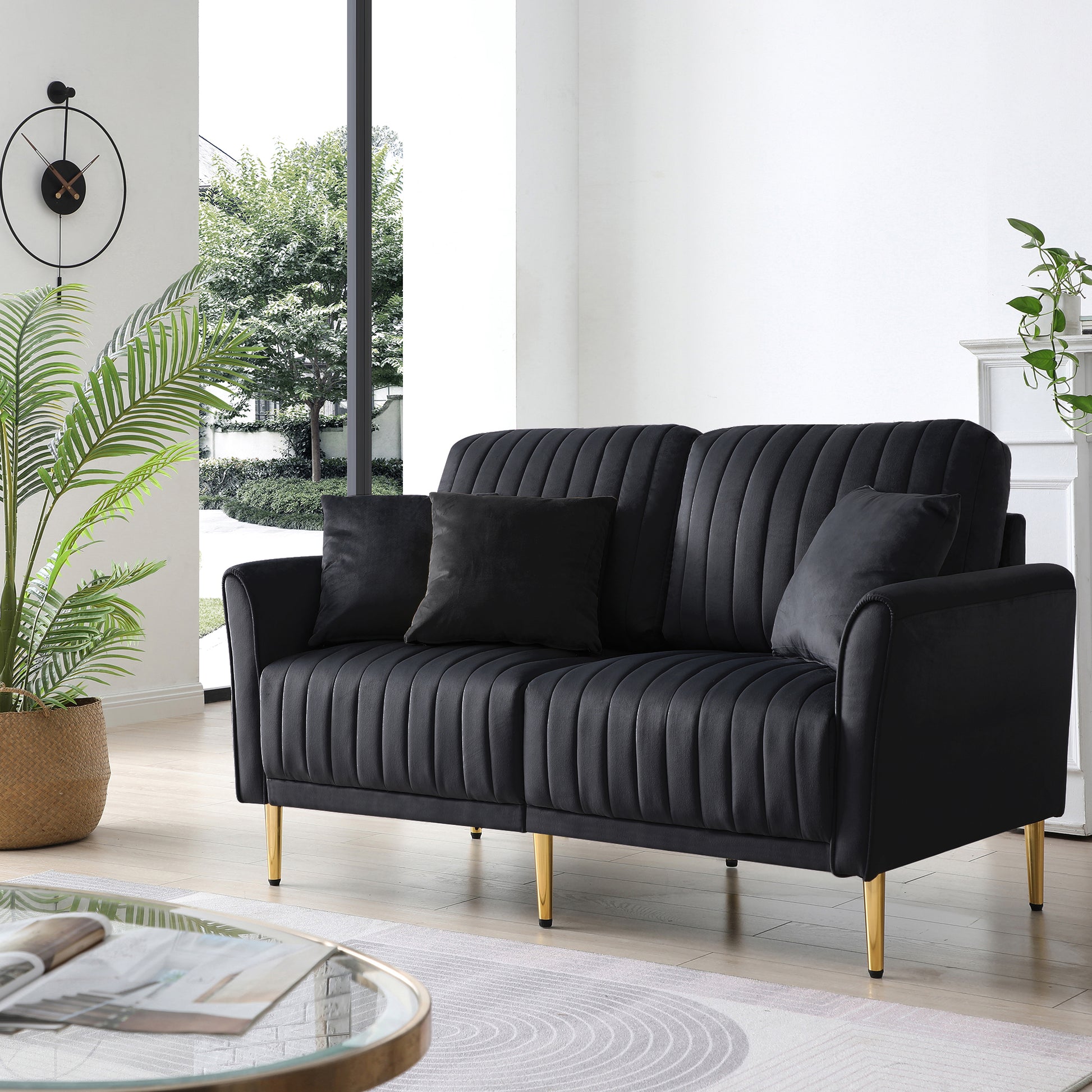 Modern Velvet 2 Seater Sofa, Upholstered Sofa With Metal Legs, 2 Seater Sofa Furniture For Small Spaces, Living Room, Bedroom, Office Black Black Foam Velvet