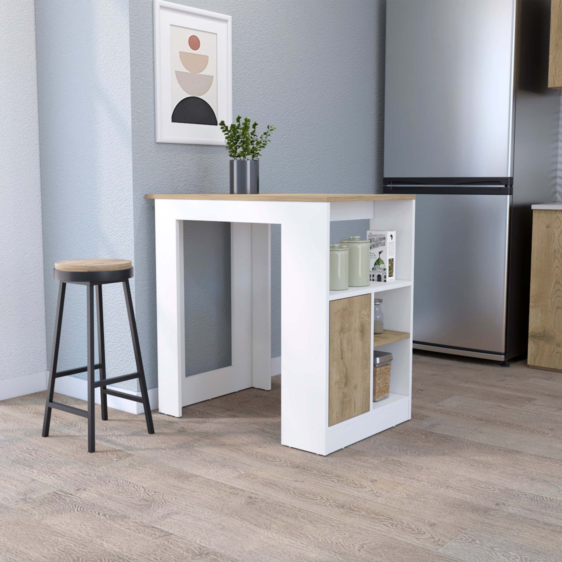 Aurora Kitchen Island With Open Compartment And Cabinet In White And Macadamia White Engineered Wood