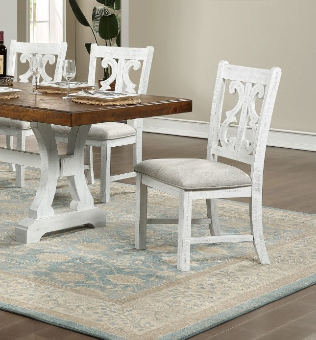 Lavish Design Distressed White 2Pcs Dining Chairs Only, Gray Padded Fabric Seat Dining Room Kitchen Furniture Solid Wood Decorative Back White Gray Dining Room Modern,Rustic Dining Chairs Solid Wood