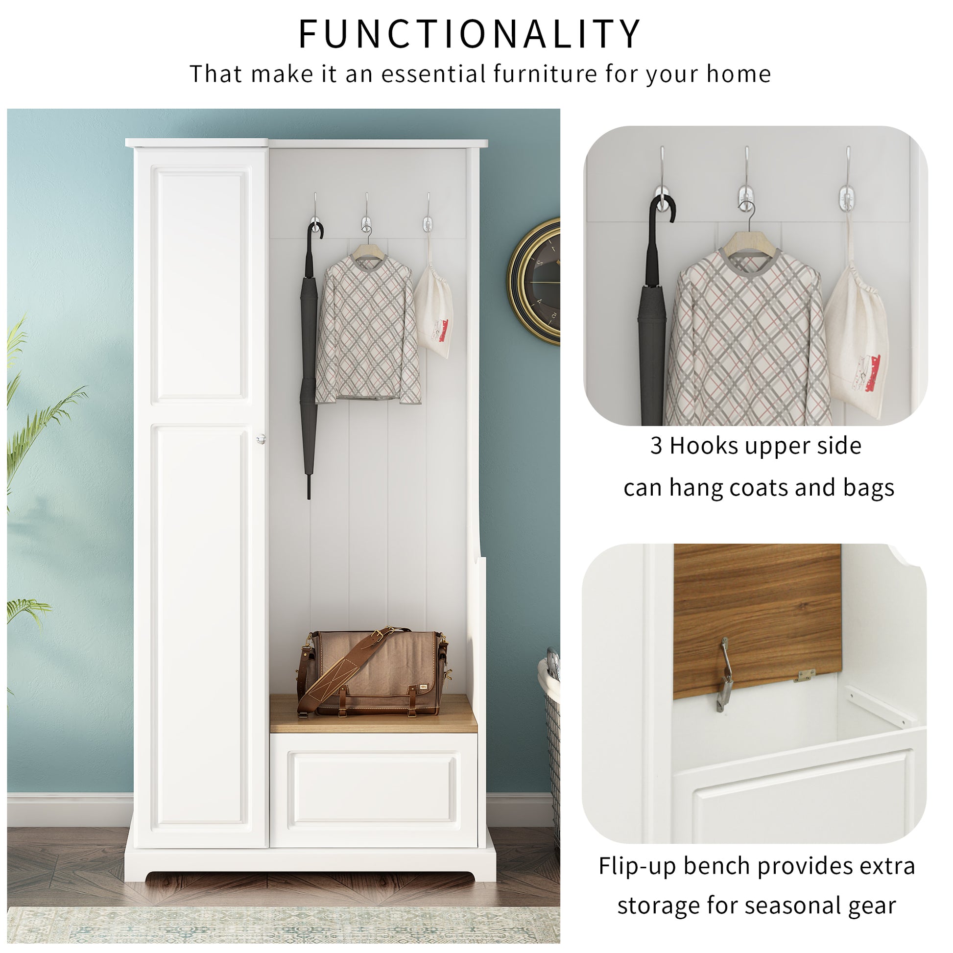 Stylish Design Hall Tree With Flip Up Bench, Minimalist Hallway Shoe Cabinet With Adjustable Shelves, Multifunctional Furniture With Hanging Hooks For Entryways, Mudroom, White High Back White