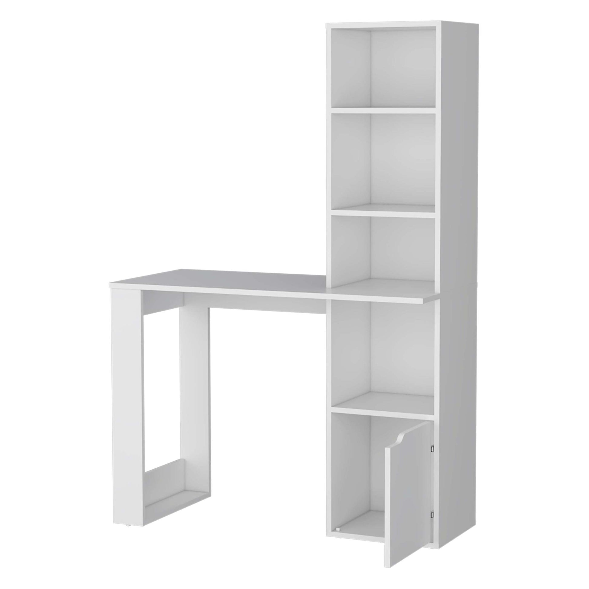 White Computer Desk With 4 Tier Bookcase And 1 Door Cabinet White Engineered Wood