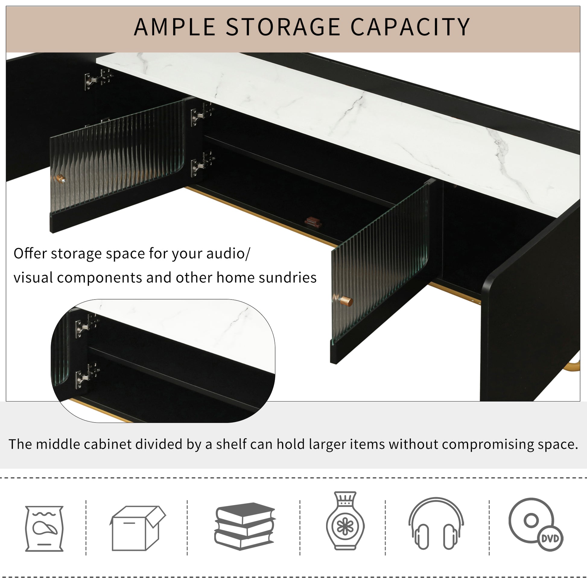 Sleek Design Tv Stand With Fluted Glass, Contemporary Entertainment Center For Tvs Up To 70", Faux Marble Top Tv Console Table With Gold Frame Base, Black Black Primary Living Space 70 79 Inches 70 79 Inches Modern 70 Inches Particle Board