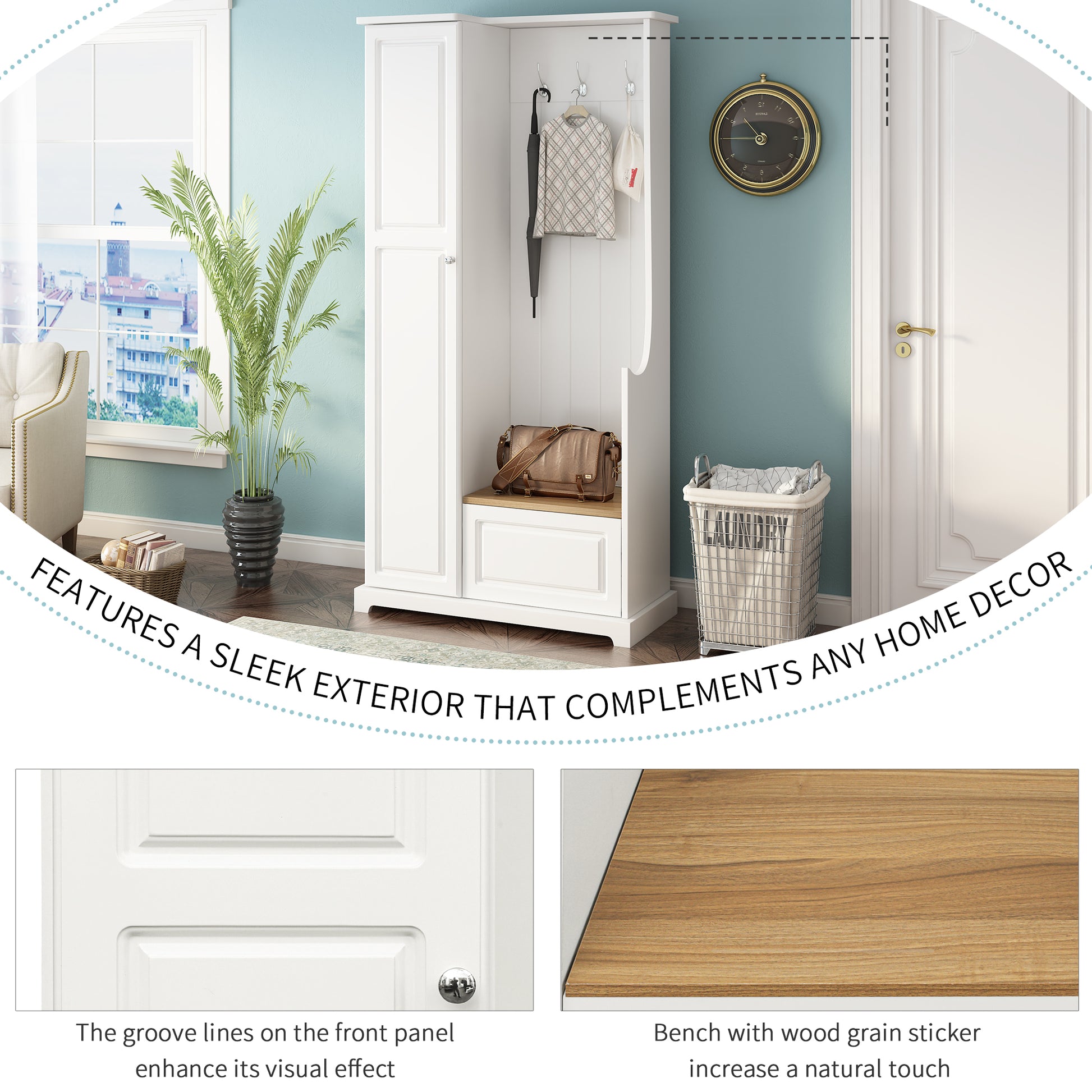 Stylish Design Hall Tree With Flip Up Bench, Minimalist Hallway Shoe Cabinet With Adjustable Shelves, Multifunctional Furniture With Hanging Hooks For Entryways, Mudroom, White High Back White