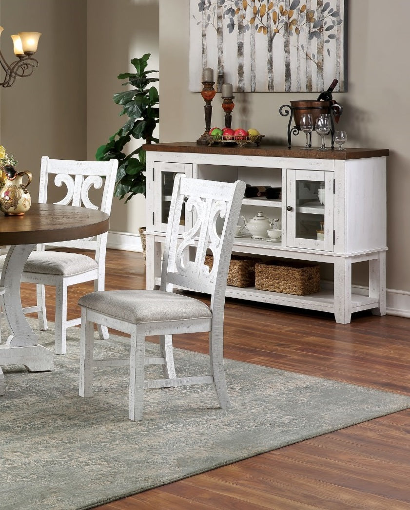 Lavish Design Distressed White 2Pcs Dining Chairs Only, Gray Padded Fabric Seat Dining Room Kitchen Furniture Solid Wood Decorative Back White Gray Dining Room Modern,Rustic Dining Chairs Solid Wood