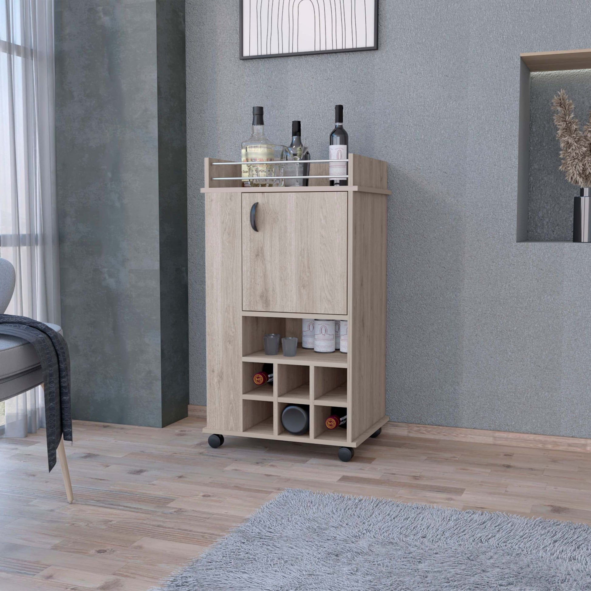 Allandale 1 Door Bar Cart With Wine Rack And Casters Light Gray Gray Engineered Wood