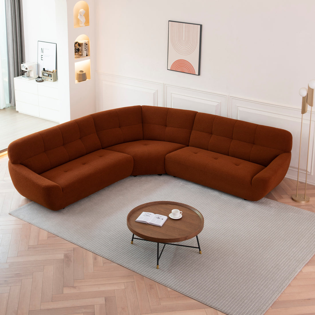 113"Large Lamb Fabric Sofa, Modern Corner Sectional Sofa With Tufted Seat Upholstered, Tool Free Assembly. Dark Orange Orange Sherpa 5 Seat