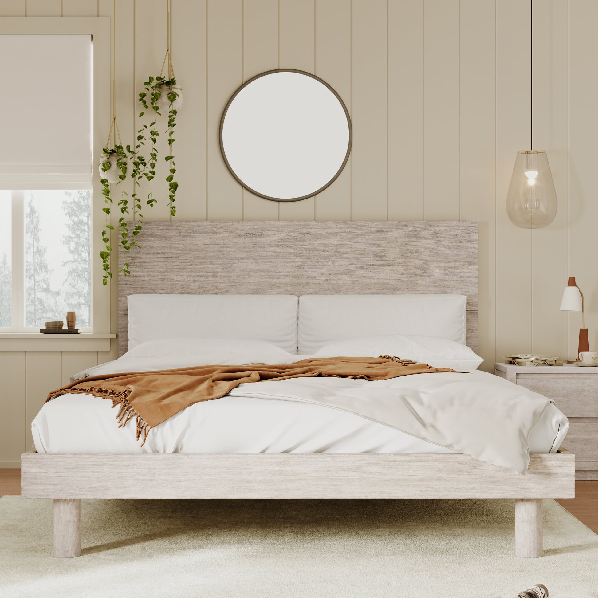Modern Concise Style Solid Wood Grain Platform Bed Frame, Queen, Stone Gray Stone Gray Wood