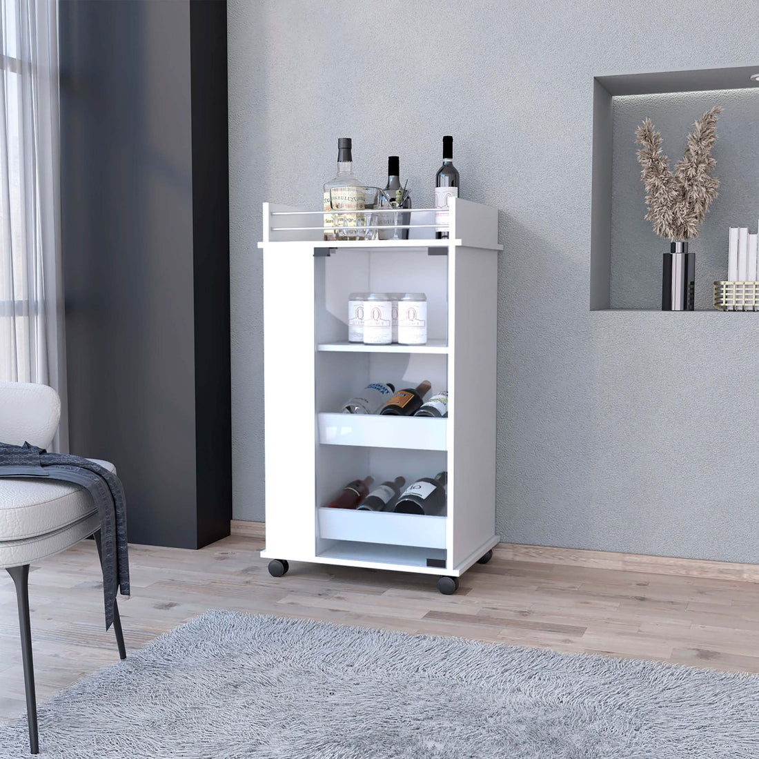 Willow Park Glass Door Bar Cart With Bottle Holder And Casters White White Engineered Wood