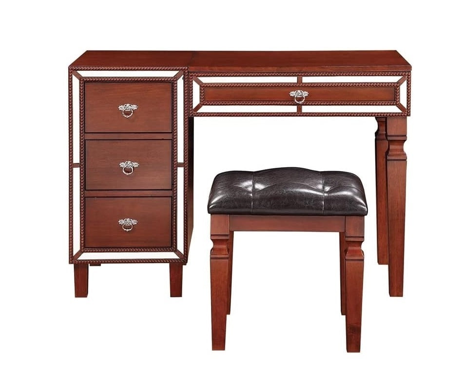 Traditional Formal Cherry Color Vanity Set W Stool Storage Drawers 1Pc Bedroom Furniture Set Tufted Seat Stool Cherry Bedroom Traditional Poplar Rubber Wood