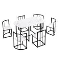Modern 7 Piece Dining Table Set With Faux Marble Compact 55Inch Kitchen Table Set For 6, Black White Metal White Black Seats 6 Metal Dining Room Modern Dining Table With Chair Iron