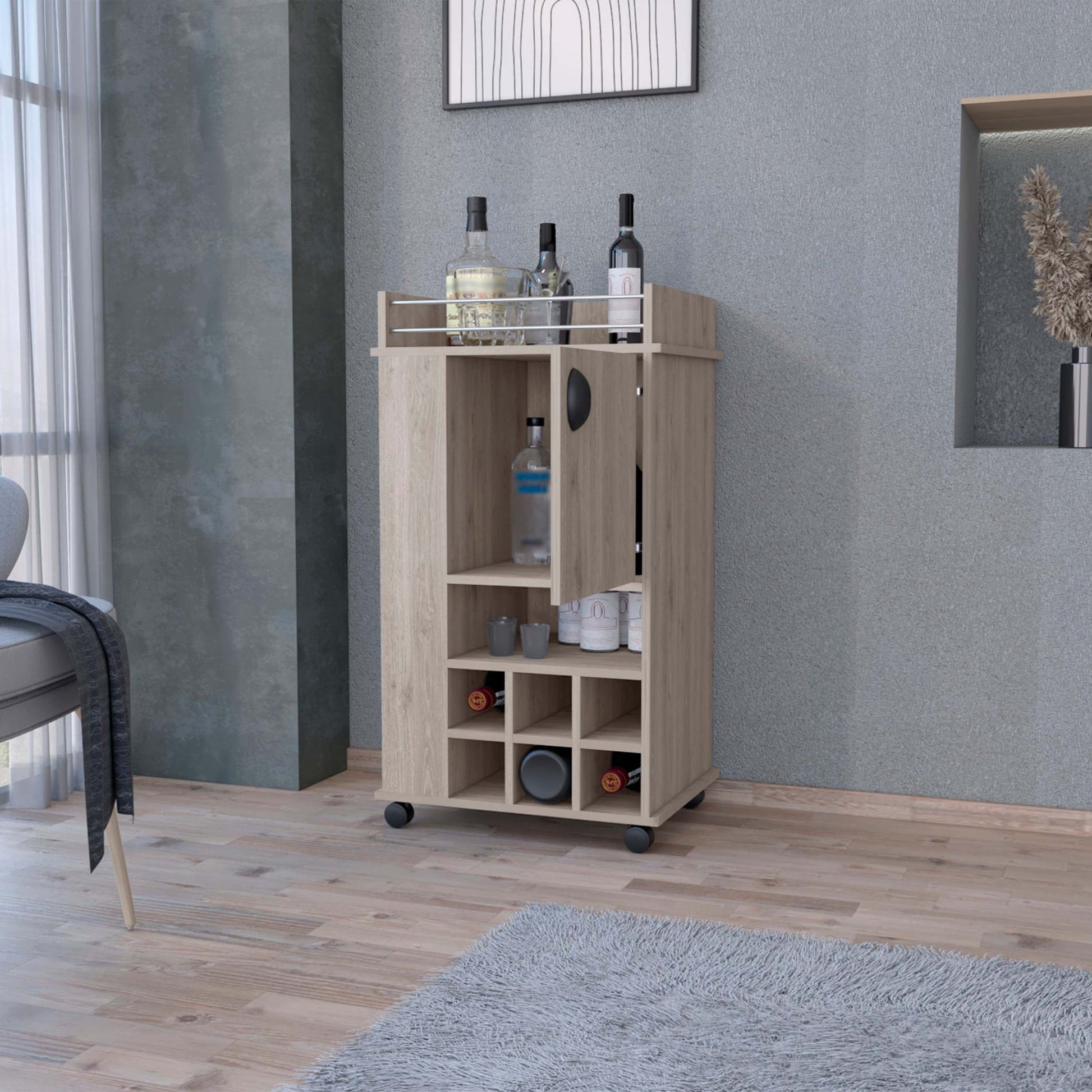 Allandale 1 Door Bar Cart With Wine Rack And Casters Light Gray Gray Engineered Wood