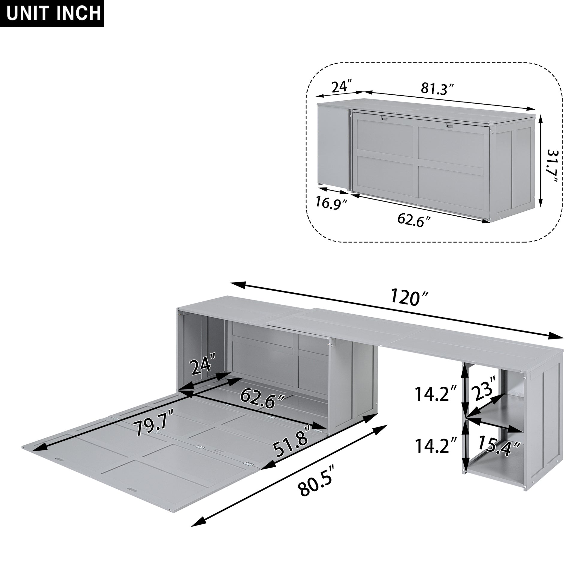 Queen Size Murphy Bed With Rotable Desk, Gray Box Spring Not Required Queen Gray Wood Bedroom Pine Bed Frame Solid Wood Mdf