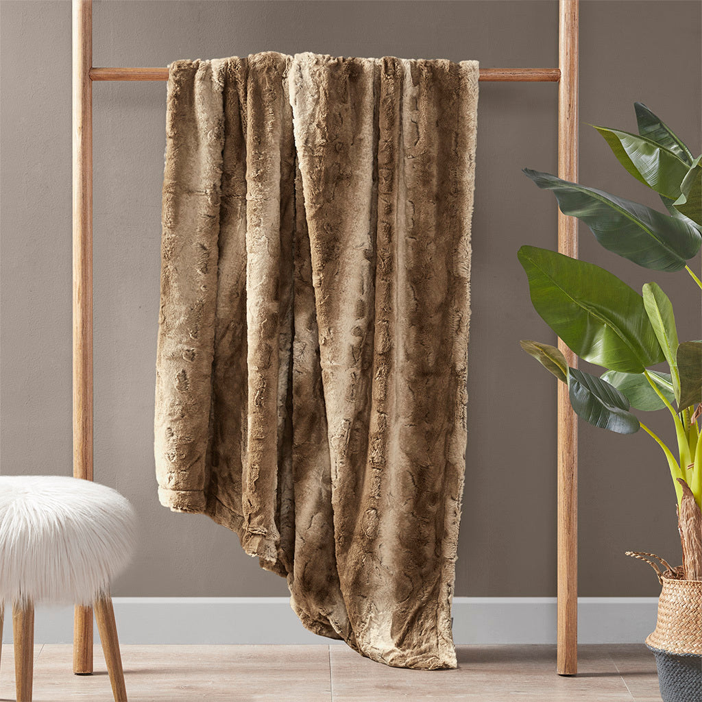 Oversized Faux Fur Throw Tan Polyester