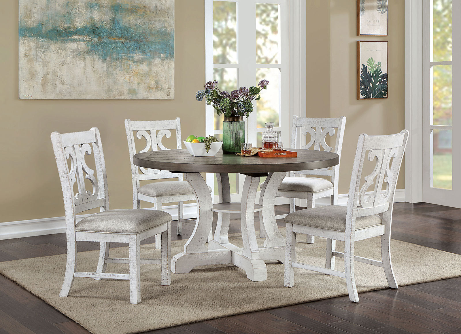 Lavish Design Distressed White 2Pcs Dining Chairs Only, Gray Padded Fabric Seat Dining Room Kitchen Furniture Solid Wood Decorative Back White Gray Dining Room Modern,Rustic Dining Chairs Solid Wood