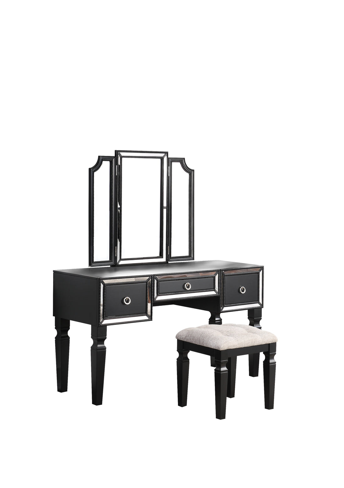 Luxurious Majestic Classic Black Color Vanity Set W Stool 3 Storage Drawers 1Pc Bedroom Furniture Set Tri Fold Mirror Black Bedroom Traditional Poplar Rubber Wood