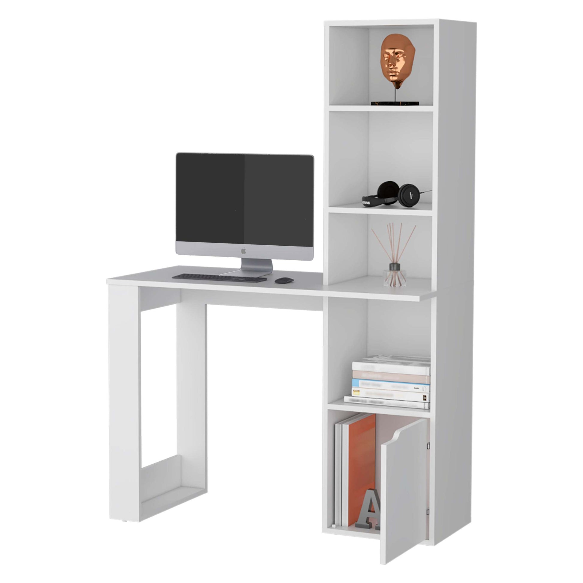 White Computer Desk With 4 Tier Bookcase And 1 Door Cabinet White Engineered Wood