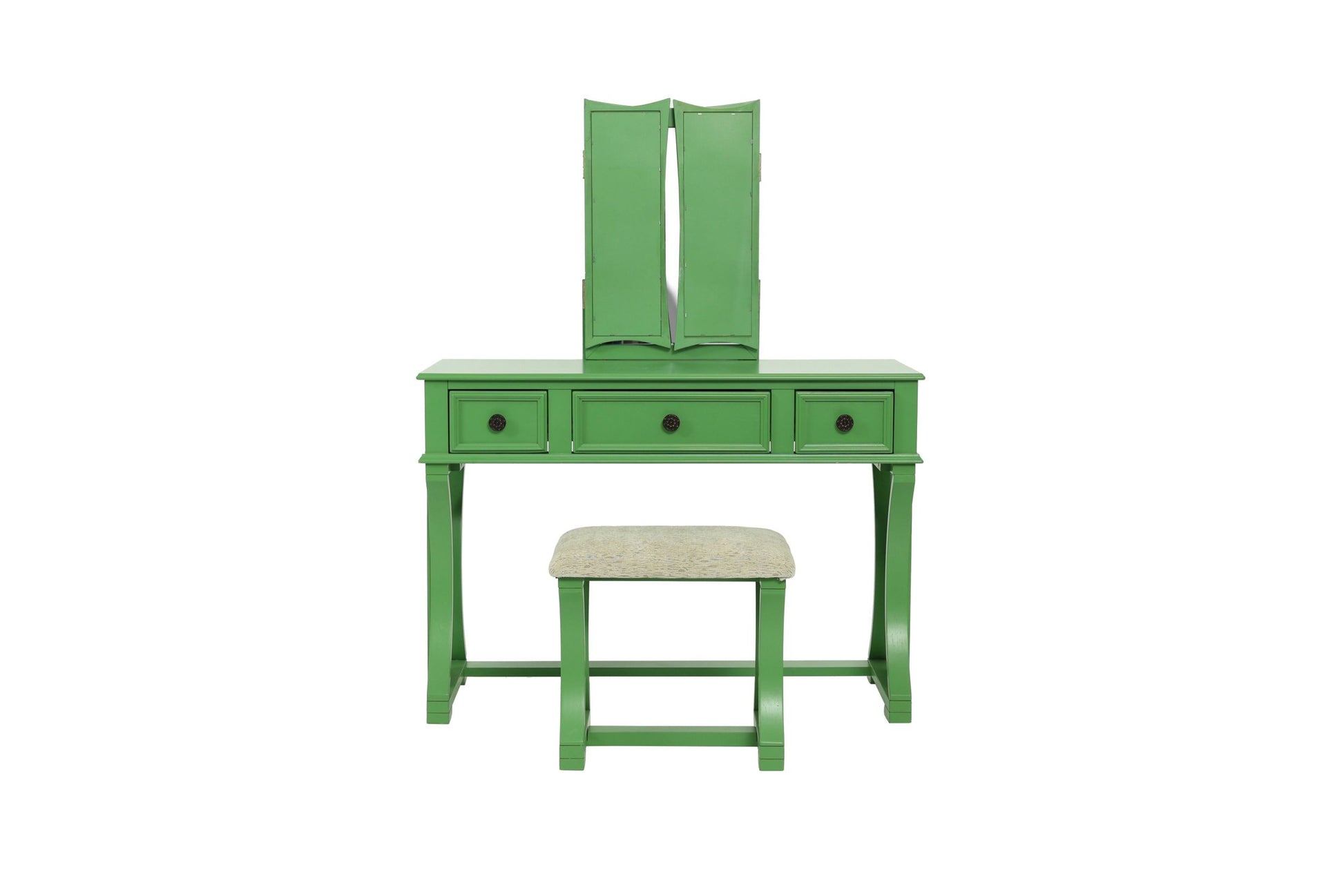 Unique Modern Bedroom Vanity Set W Stool Foldable Mirror Drawers Apple Green Color Mdf Veneer 1Pc Vanity Furniture Antique Green Bedroom Modern Folding Pine Particle Board