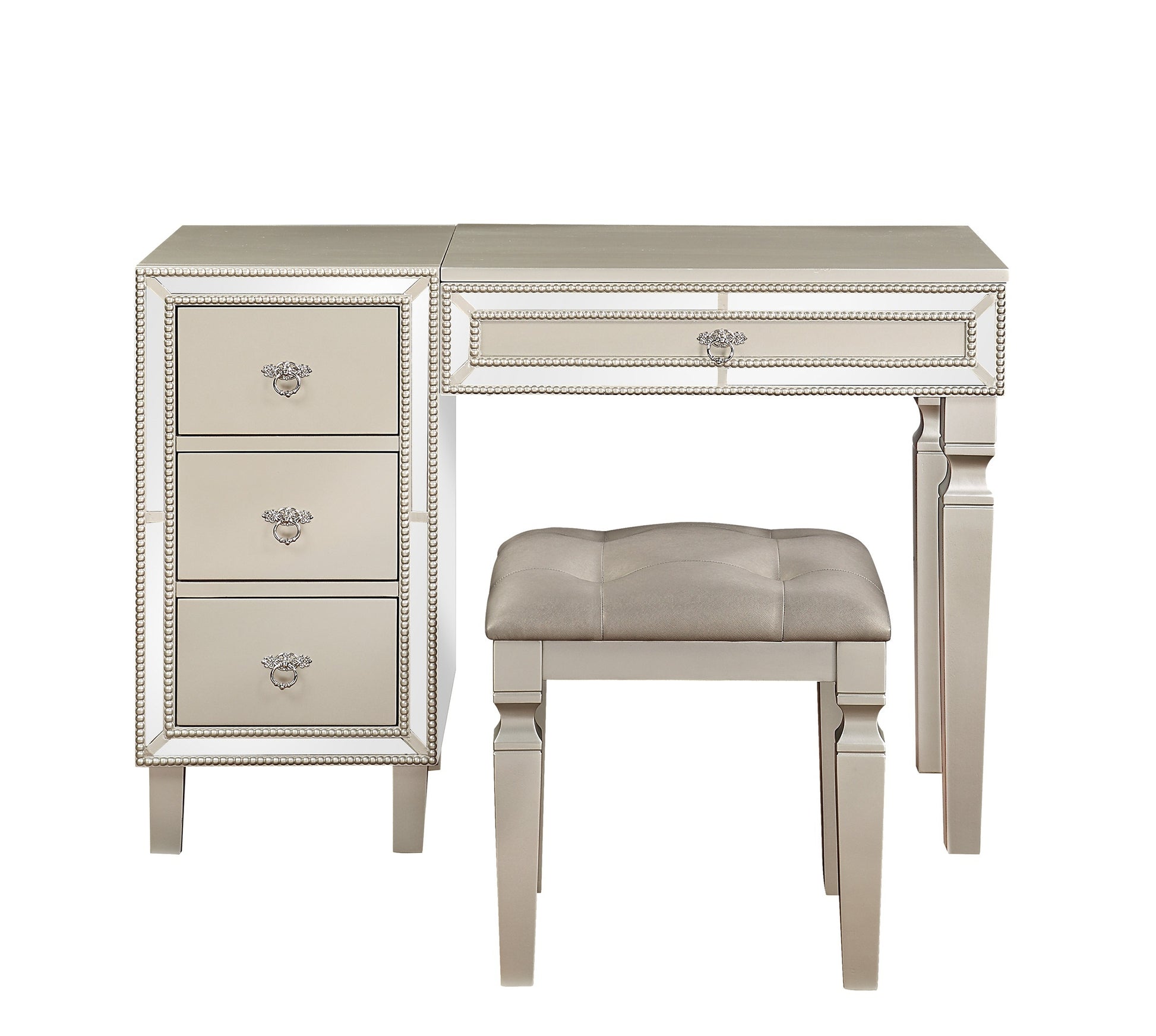 Traditional Formal Silver Color Vanity Set W Stool Storage Drawers 1Pc Bedroom Furniture Set Tufted Seat Stool Silver Bedroom Traditional Poplar Rubber Wood