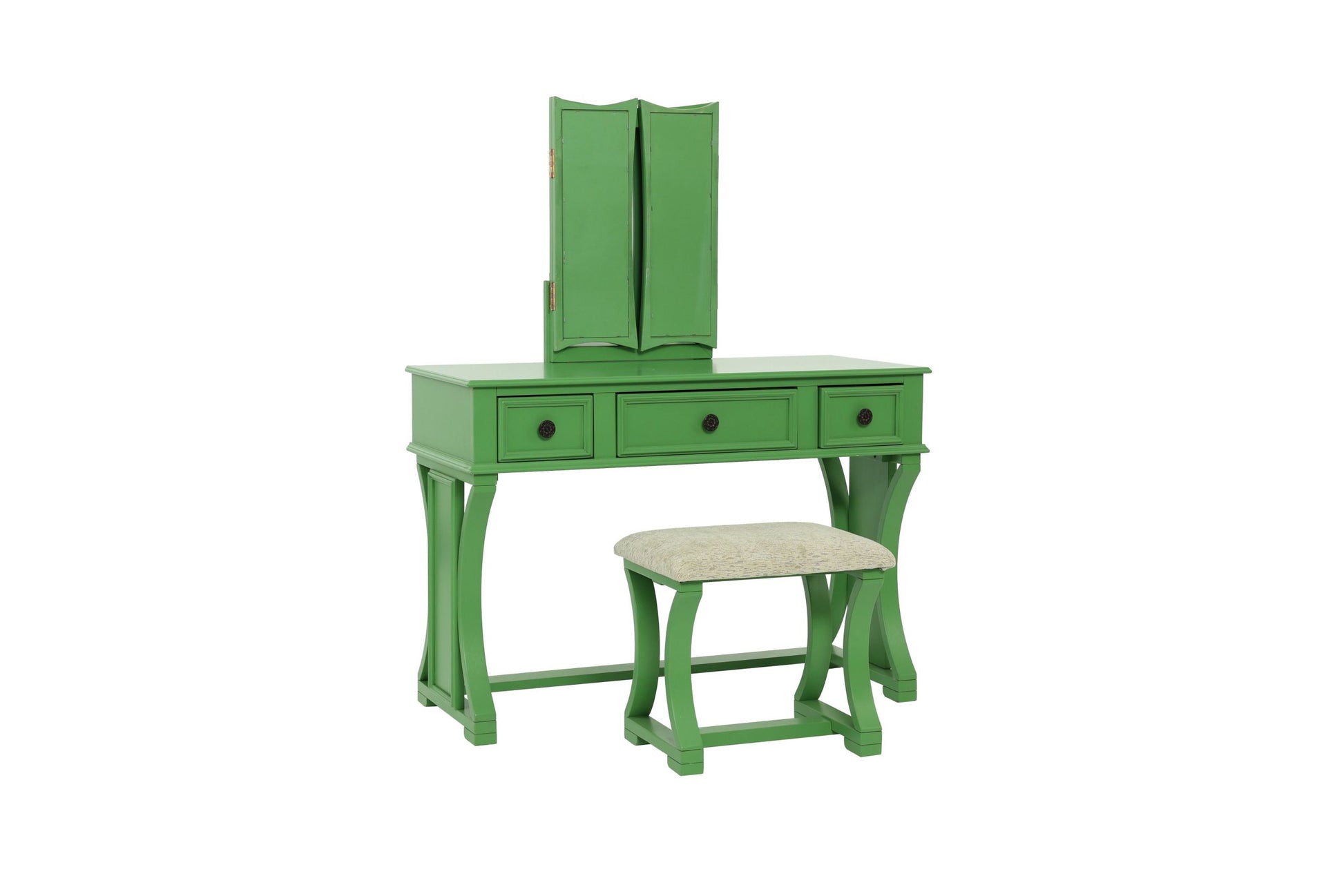 Unique Modern Bedroom Vanity Set W Stool Foldable Mirror Drawers Apple Green Color Mdf Veneer 1Pc Vanity Furniture Antique Green Bedroom Modern Folding Pine Particle Board