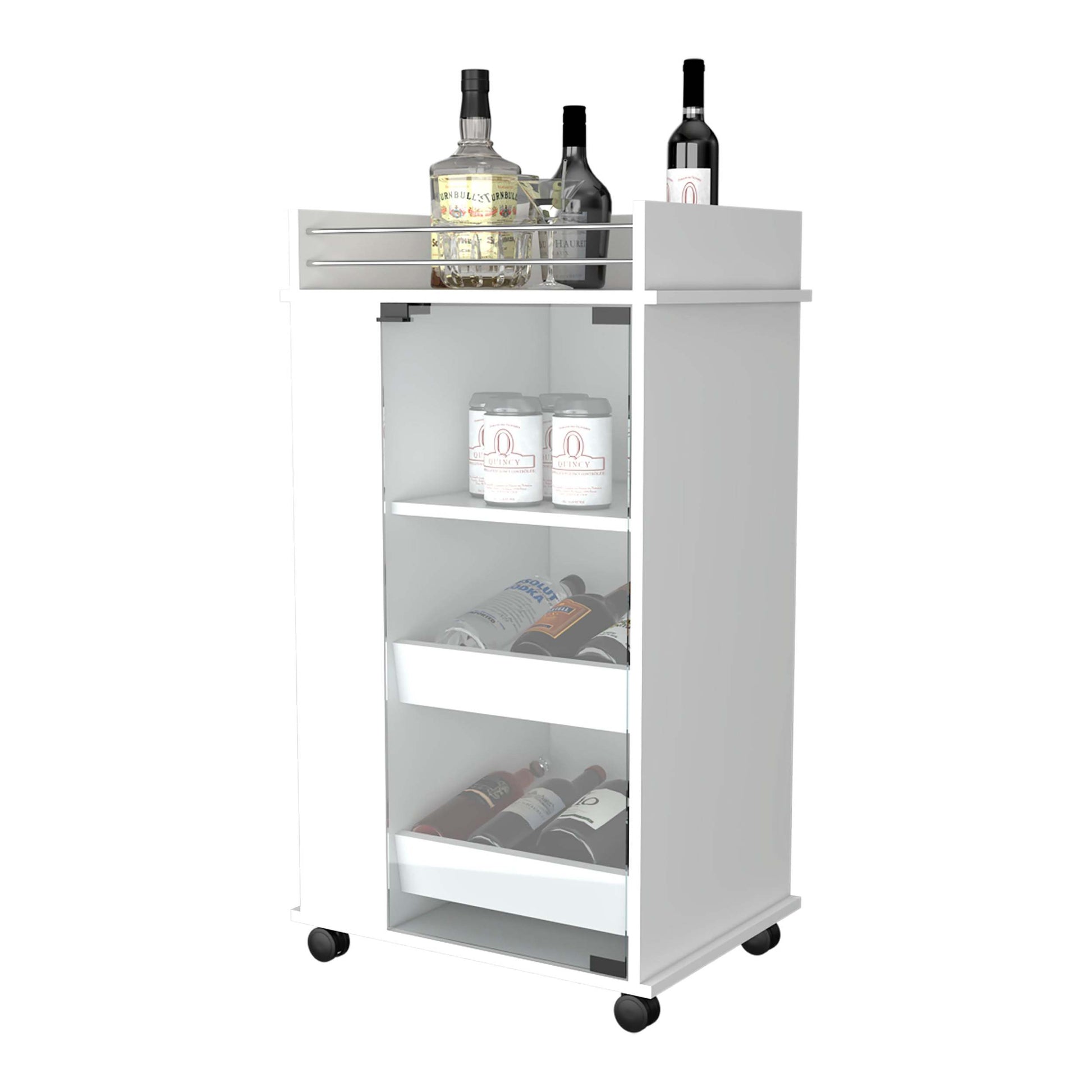 Willow Park Glass Door Bar Cart With Bottle Holder And Casters White White Engineered Wood