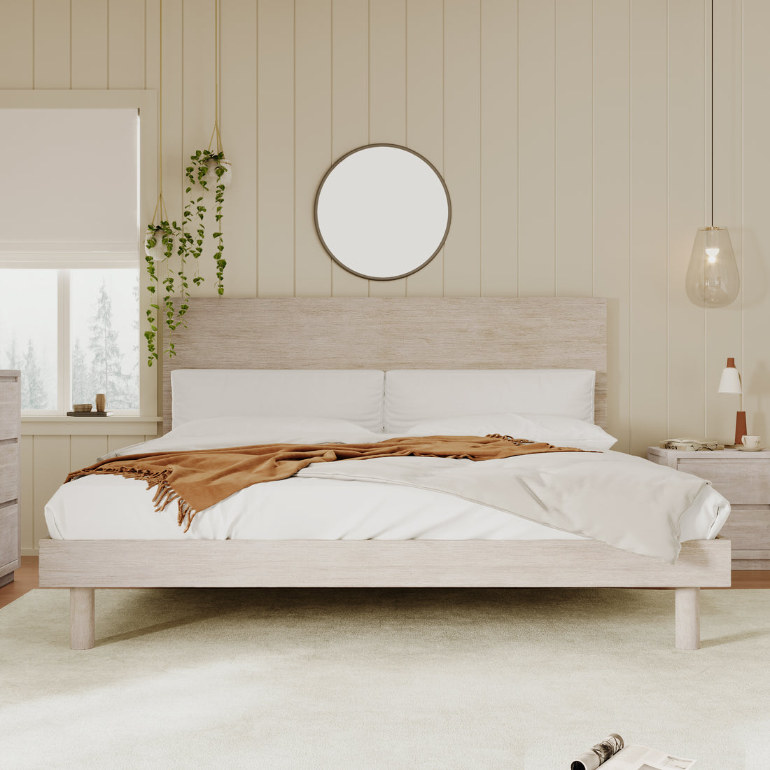 Modern Concise Style Solid Wood Grain Platform Bed Frame, King, Stone Gray Stone Gray Wood