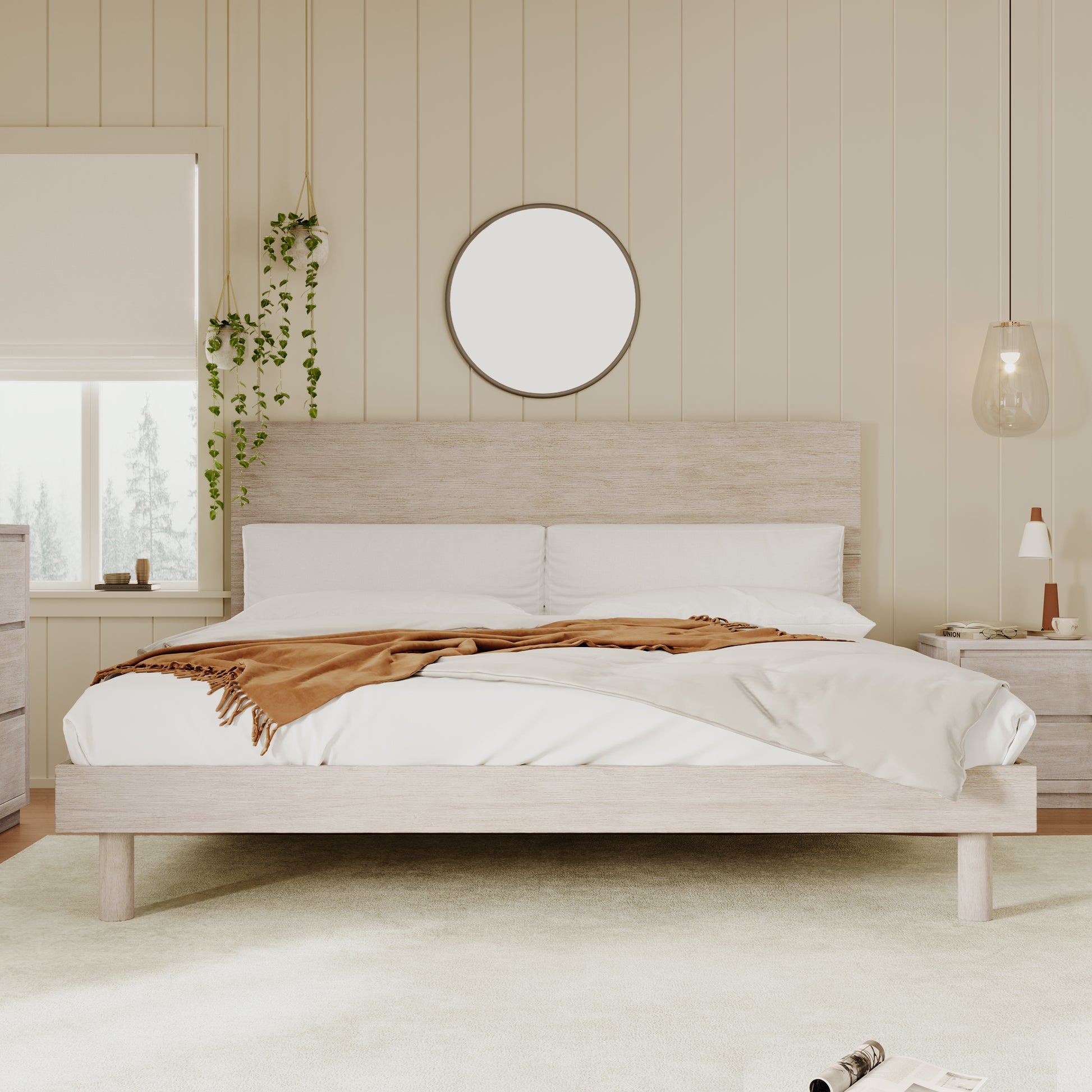 Modern Concise Style Solid Wood Grain Platform Bed Frame, King, Stone Gray Stone Gray Wood