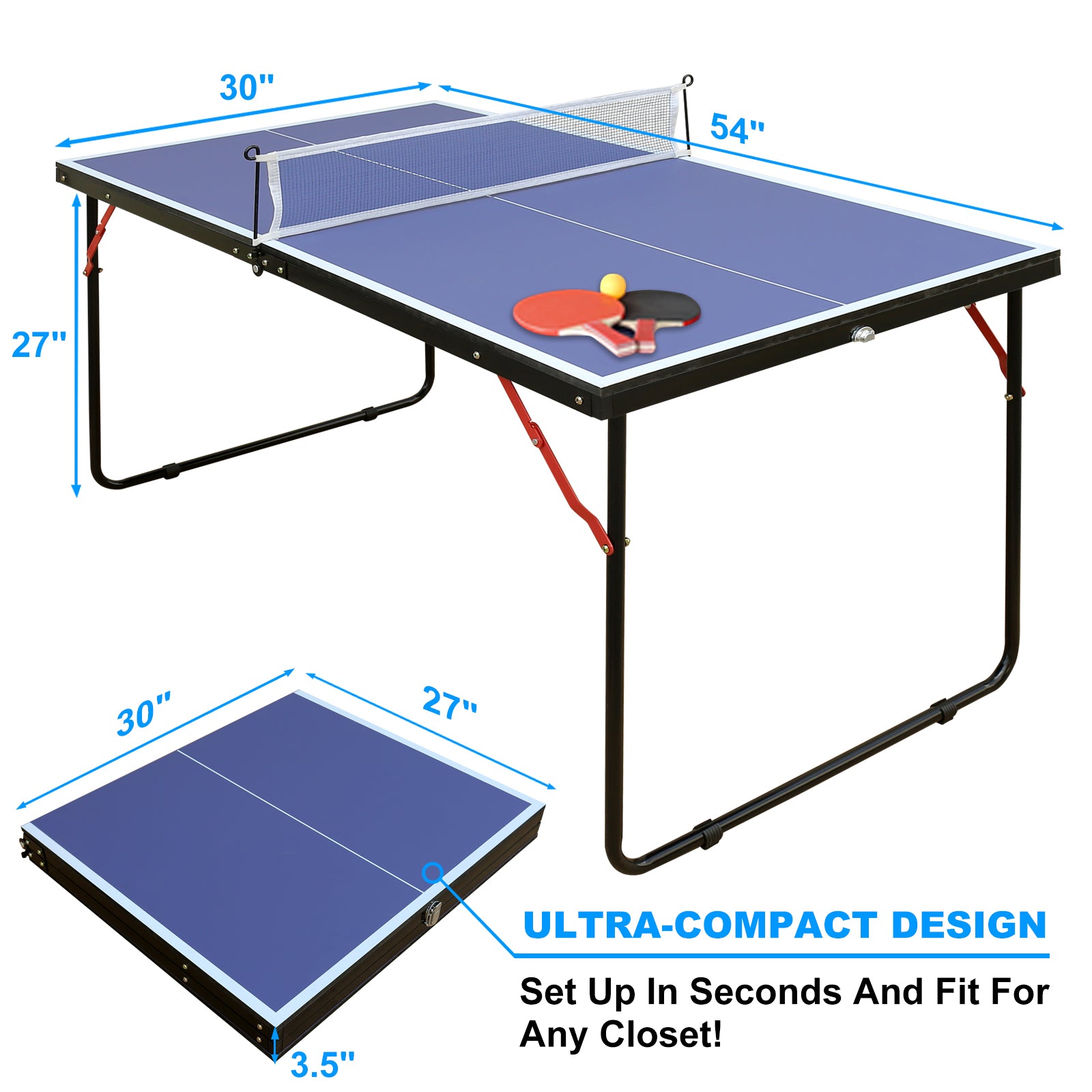 Table Tennis Table Foldable & Portable Ping Pong Table Set With Net And 2 Ping Pong Paddles For Indoor Outdoor Game Blue Mdf