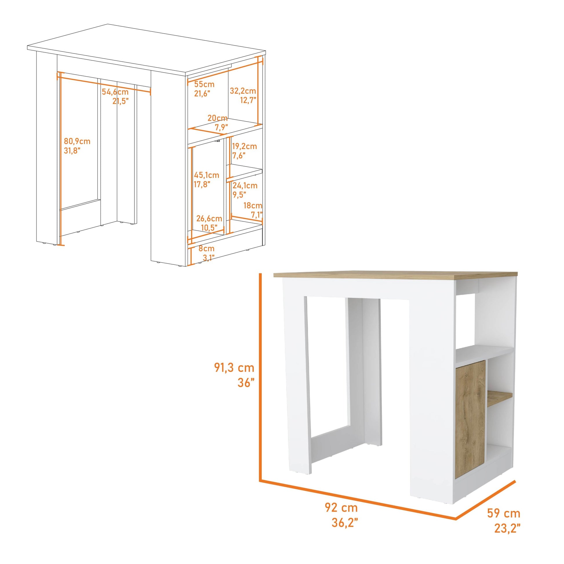 Aurora Kitchen Island With Open Compartment And Cabinet In White And Macadamia White Engineered Wood