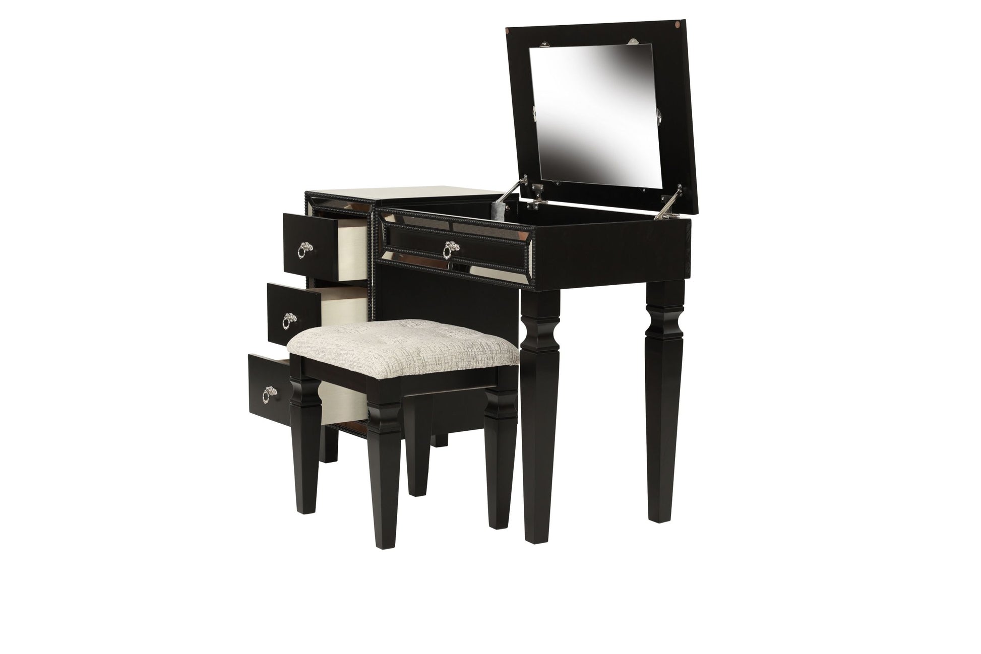 Traditional Formal Black Color Vanity Set W Stool Storage Drawers 1Pc Bedroom Furniture Set Tufted Seat Stool Black Bedroom Traditional Poplar Rubber Wood