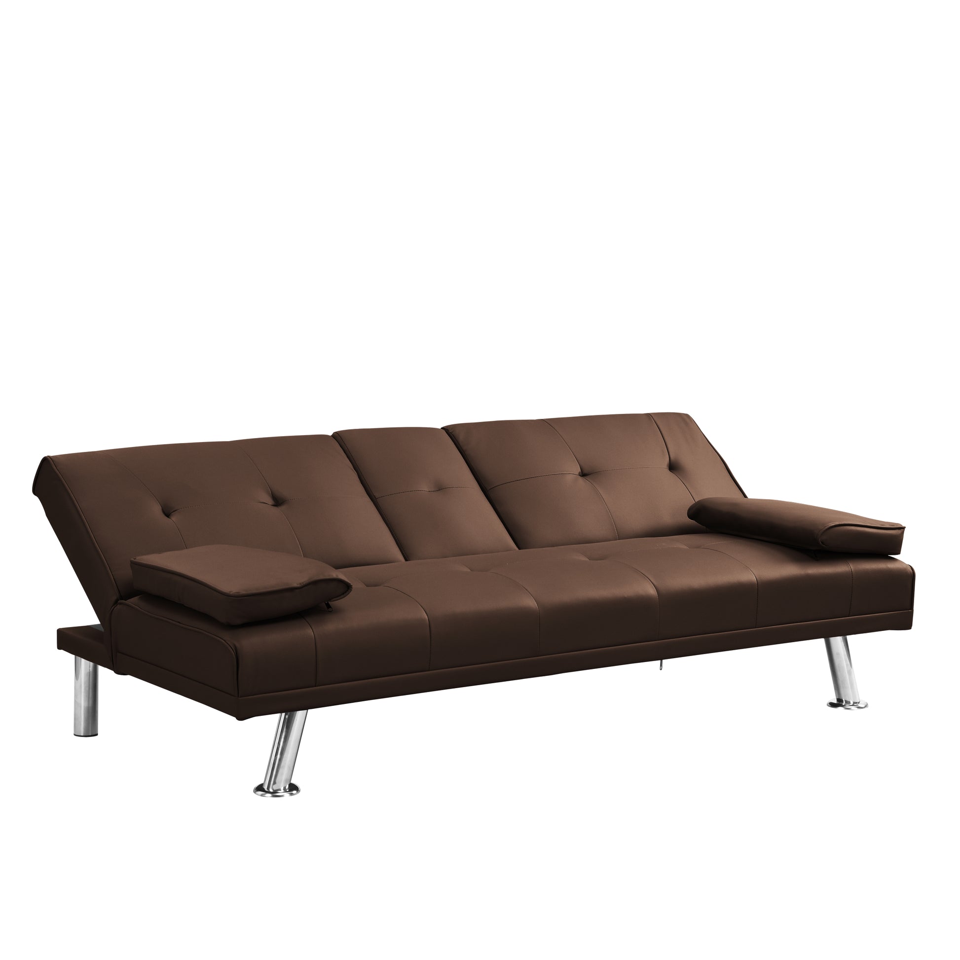 Sofa Bed With Armrest Two Holders Wood Frame, Stainless Leg, Futon Brown Pvc Brown Pvc
