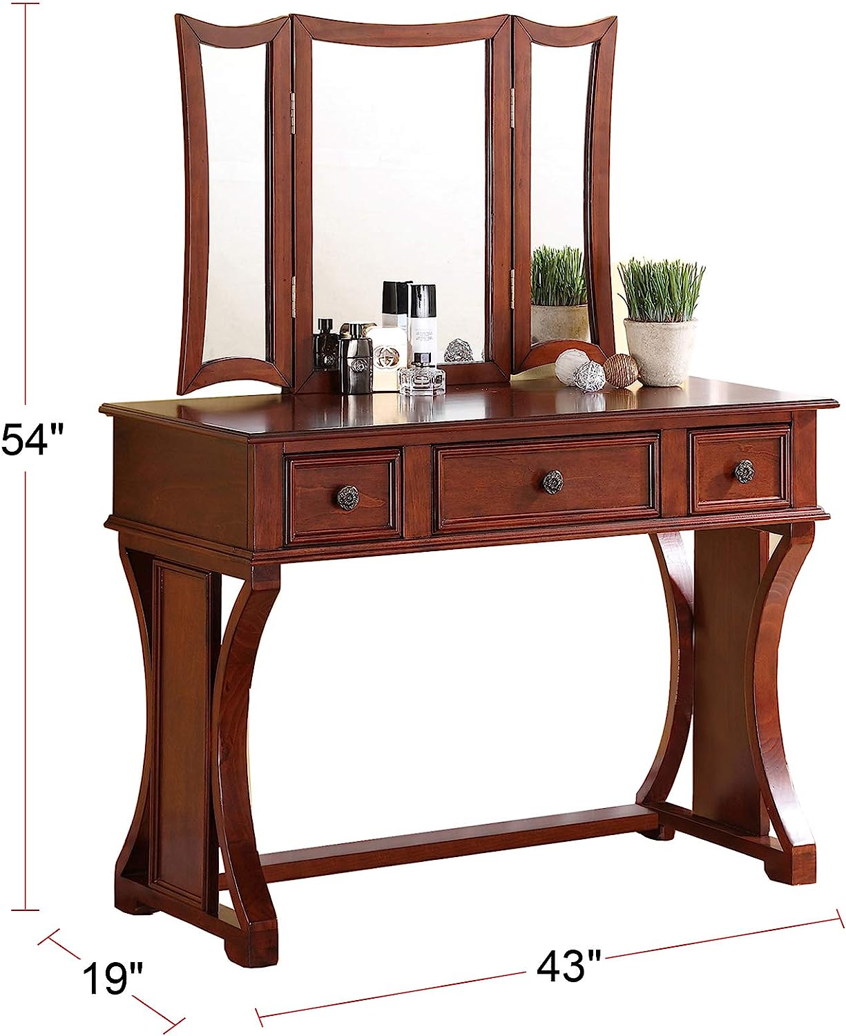 Unique Modern Bedroom Vanity Set W Stool Foldable Mirror Drawers Cherry Color Mdf Veneer 1Pc Vanity Furniture Cherry Bedroom Modern Folding Pine Particle Board