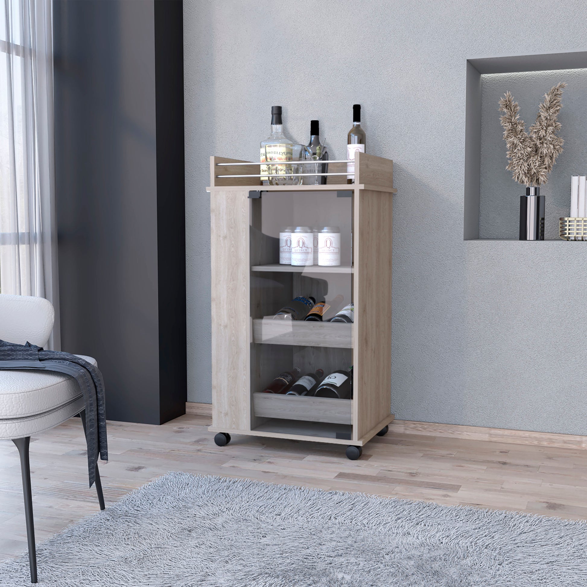 Willow Park Glass Door Bar Cart With Bottle Holder And Casters Light Gray Gray Engineered Wood