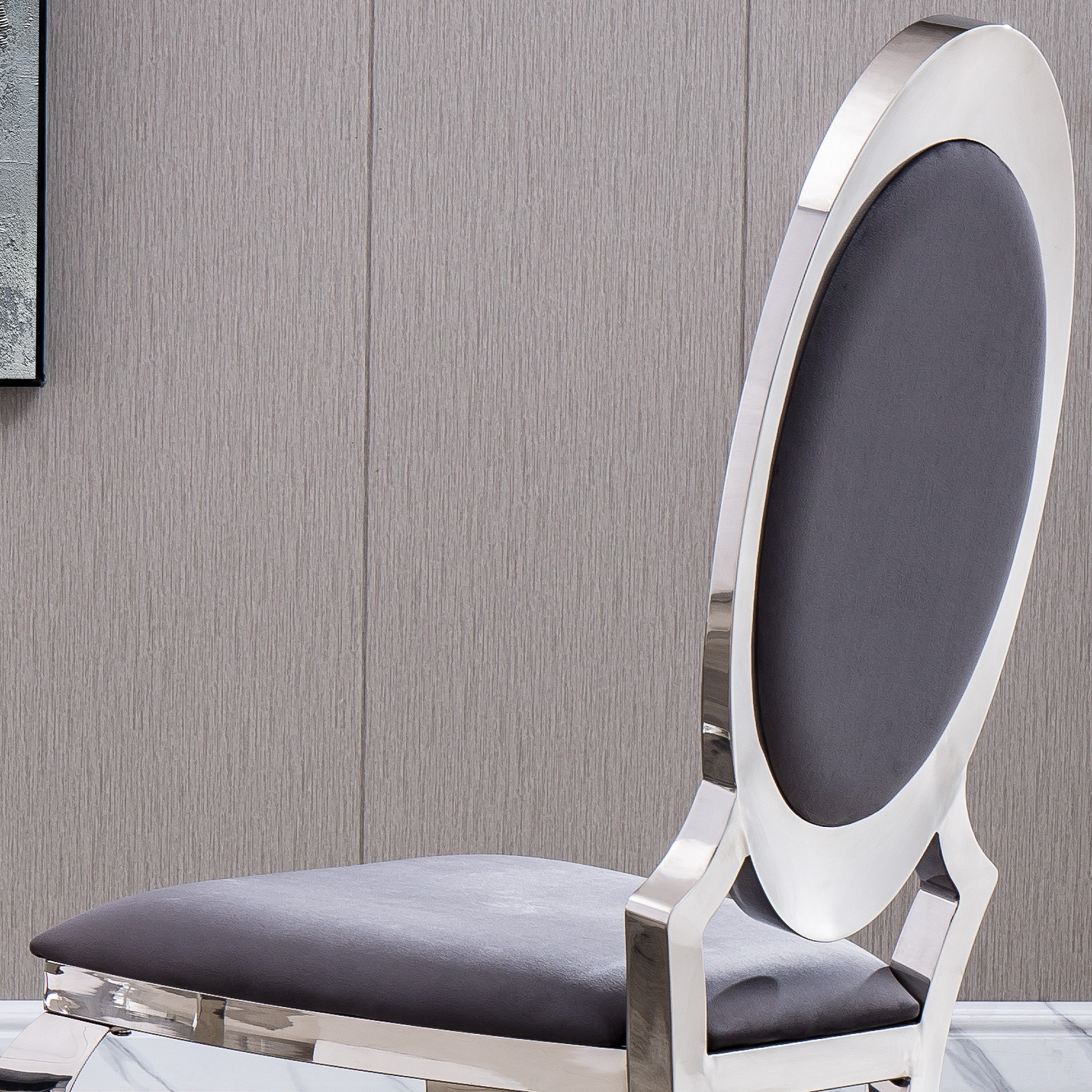 Velvet Dining Chair With Oval Backrest Set Of 2, Stainless Steel Legs Grey Velvet