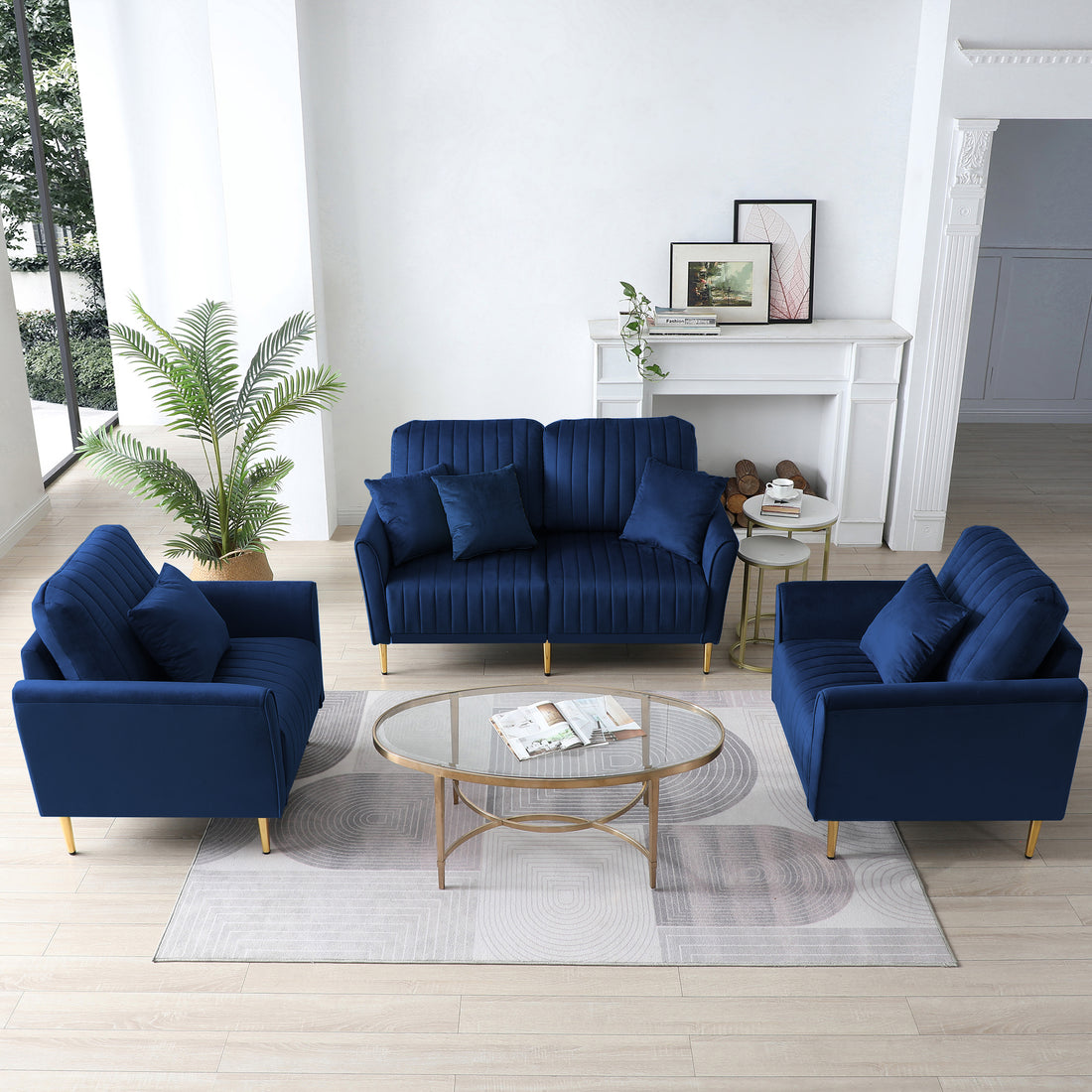 3 Piece Velvet Living Room Sofa Sets, 2 Piece Accent Chair And One 2 Seat Sofa For Small Living Space Navy Blue Blue Foam Velvet