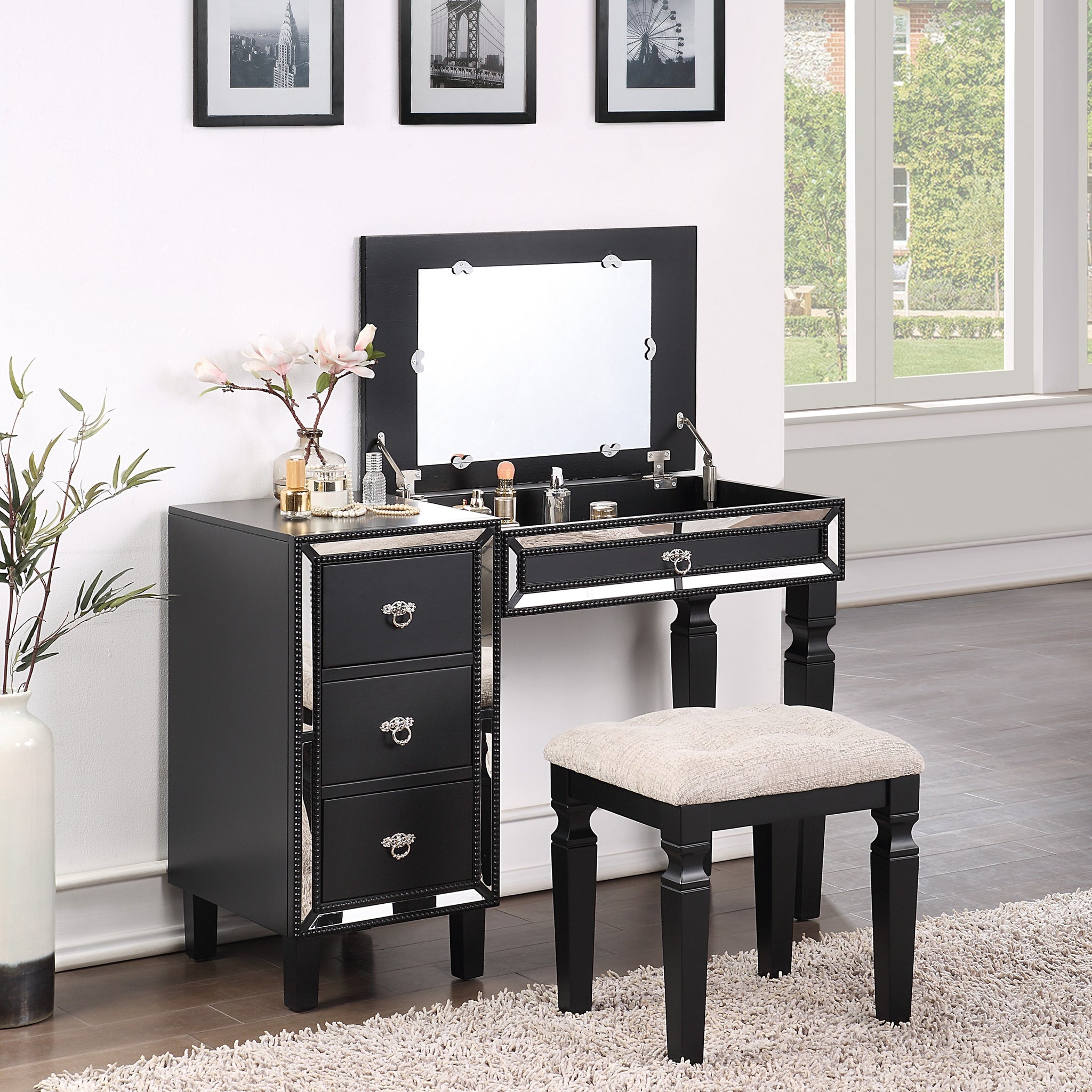 Traditional Formal Black Color Vanity Set W Stool Storage Drawers 1Pc Bedroom Furniture Set Tufted Seat Stool Black Bedroom Traditional Poplar Rubber Wood