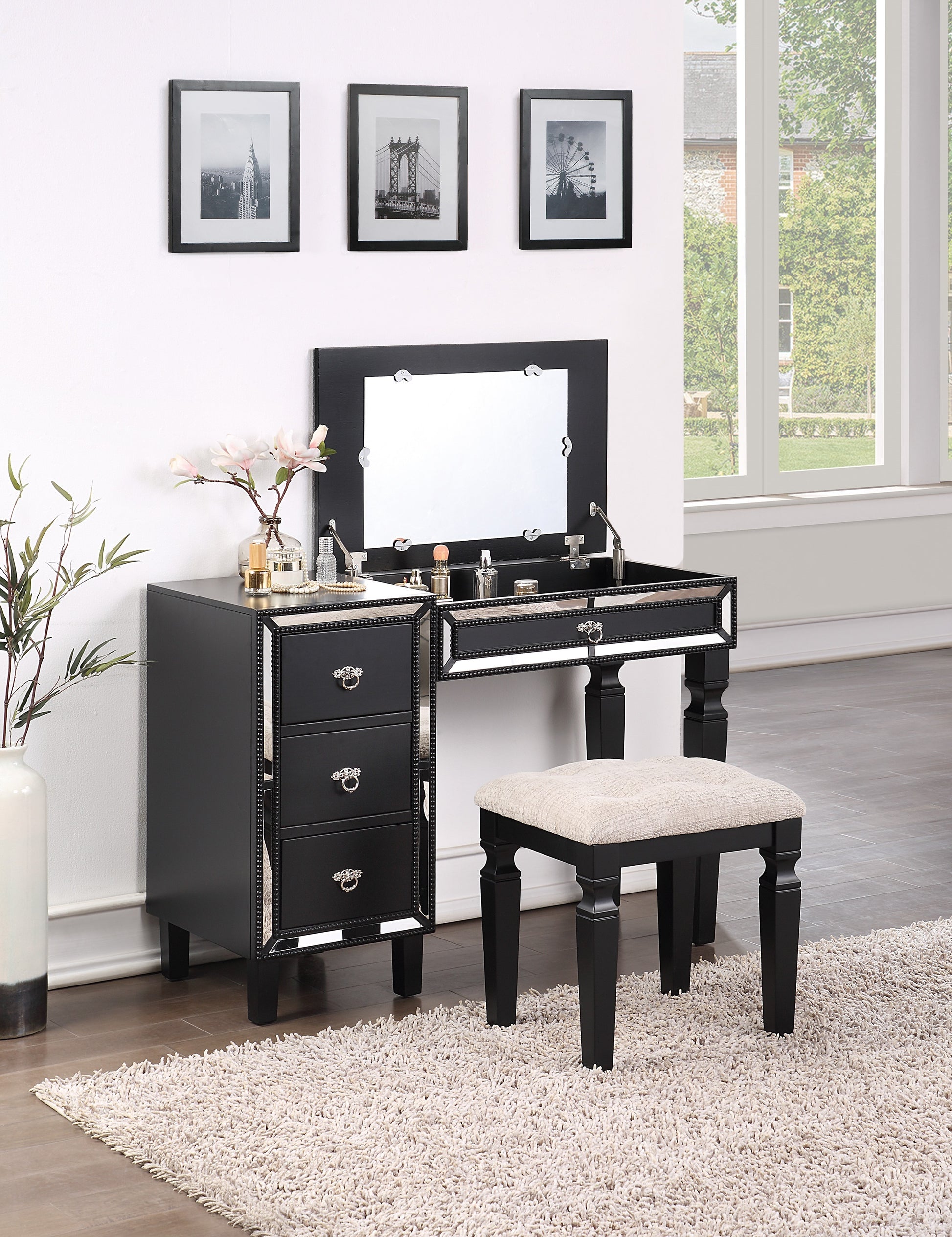 Traditional Formal Black Color Vanity Set W Stool Storage Drawers 1Pc Bedroom Furniture Set Tufted Seat Stool Black Bedroom Traditional Poplar Rubber Wood