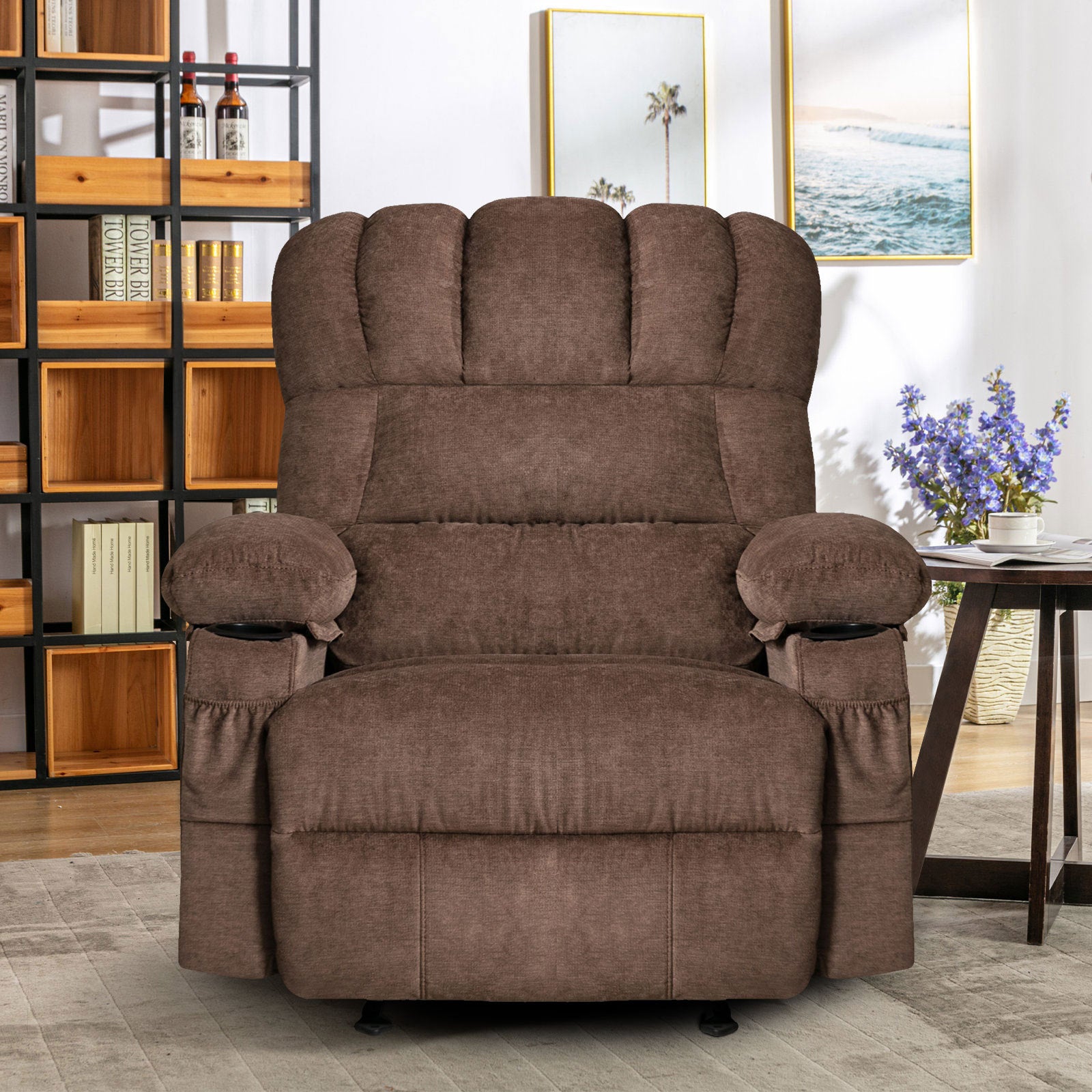 Recliner Chair Massage Heating Sofa With Usb And Side Pocket 2 Cup Holders Brown Brown Brown Manual Handle Primary Living Space Soft Heavy Duty Modern Foam Fabric